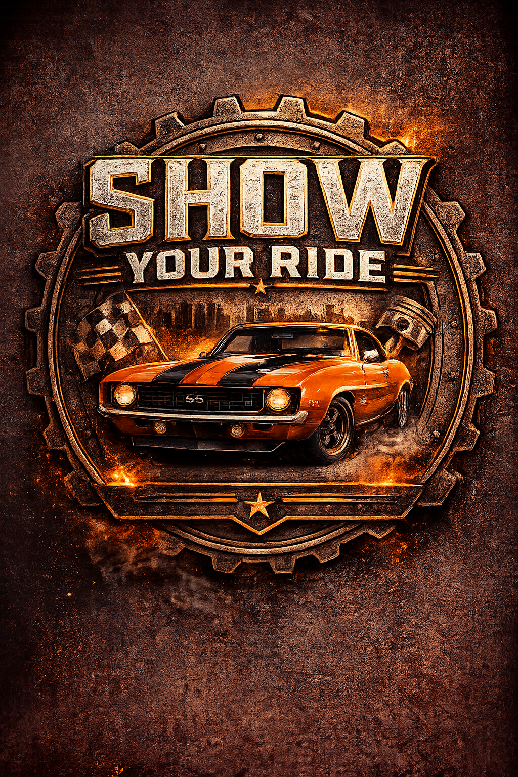 A poster with a vintage race car, a checkered flag, and a gear-shaped border, with the text 'Show Your Ride' in bold letters.