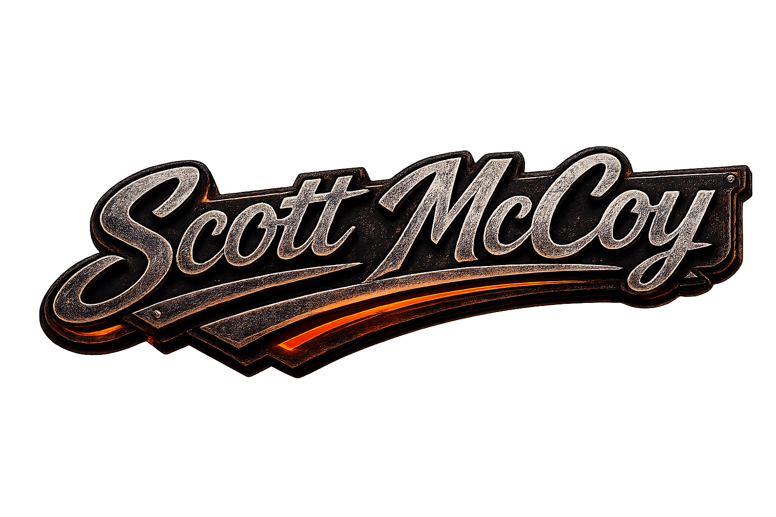 Neon sign with the name 'Scott McCoy' in cursive script, mounted on a black background.
