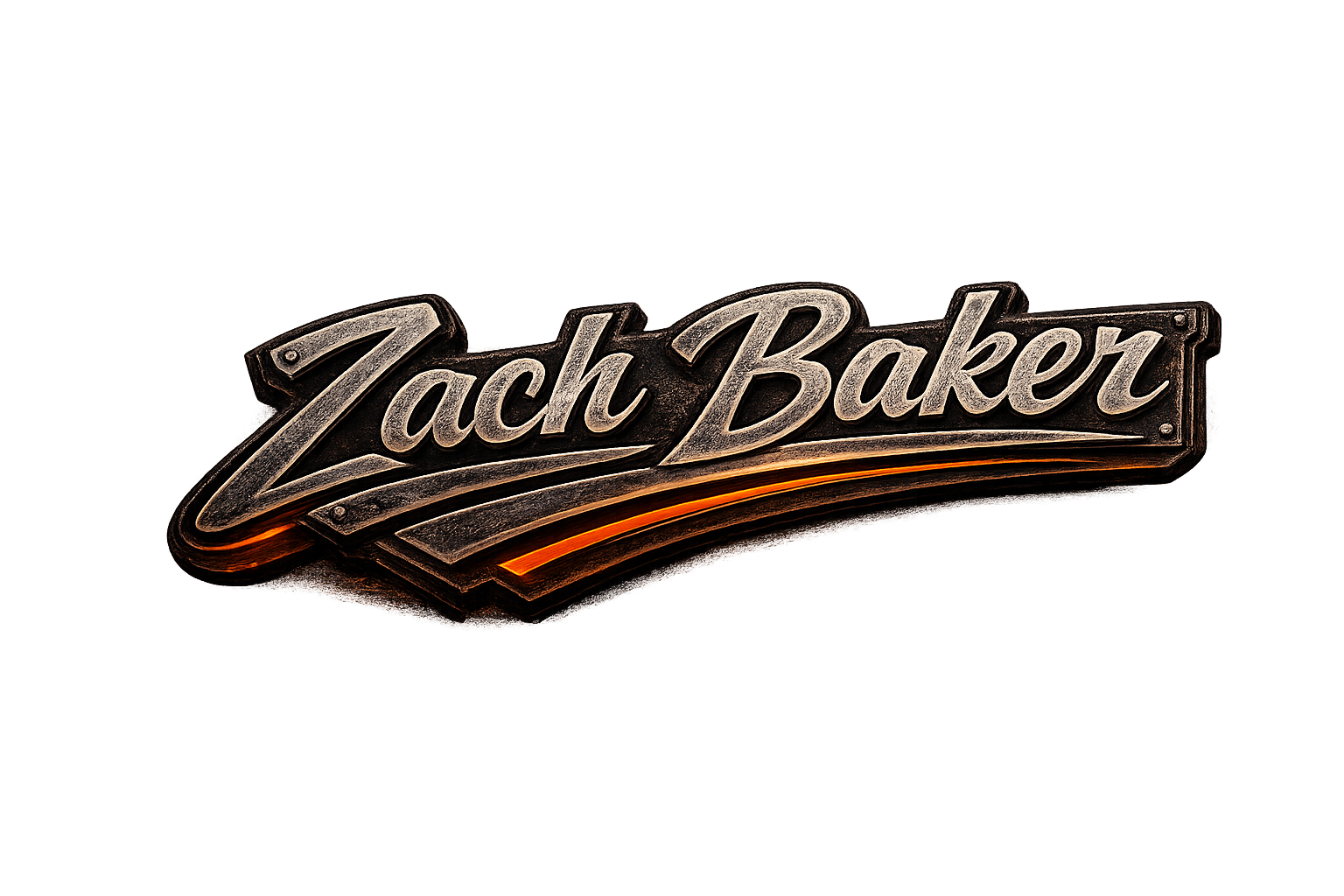 Neon sign displaying the name 'Zach Baker' in cursive with a glowing orange underline and a black background.