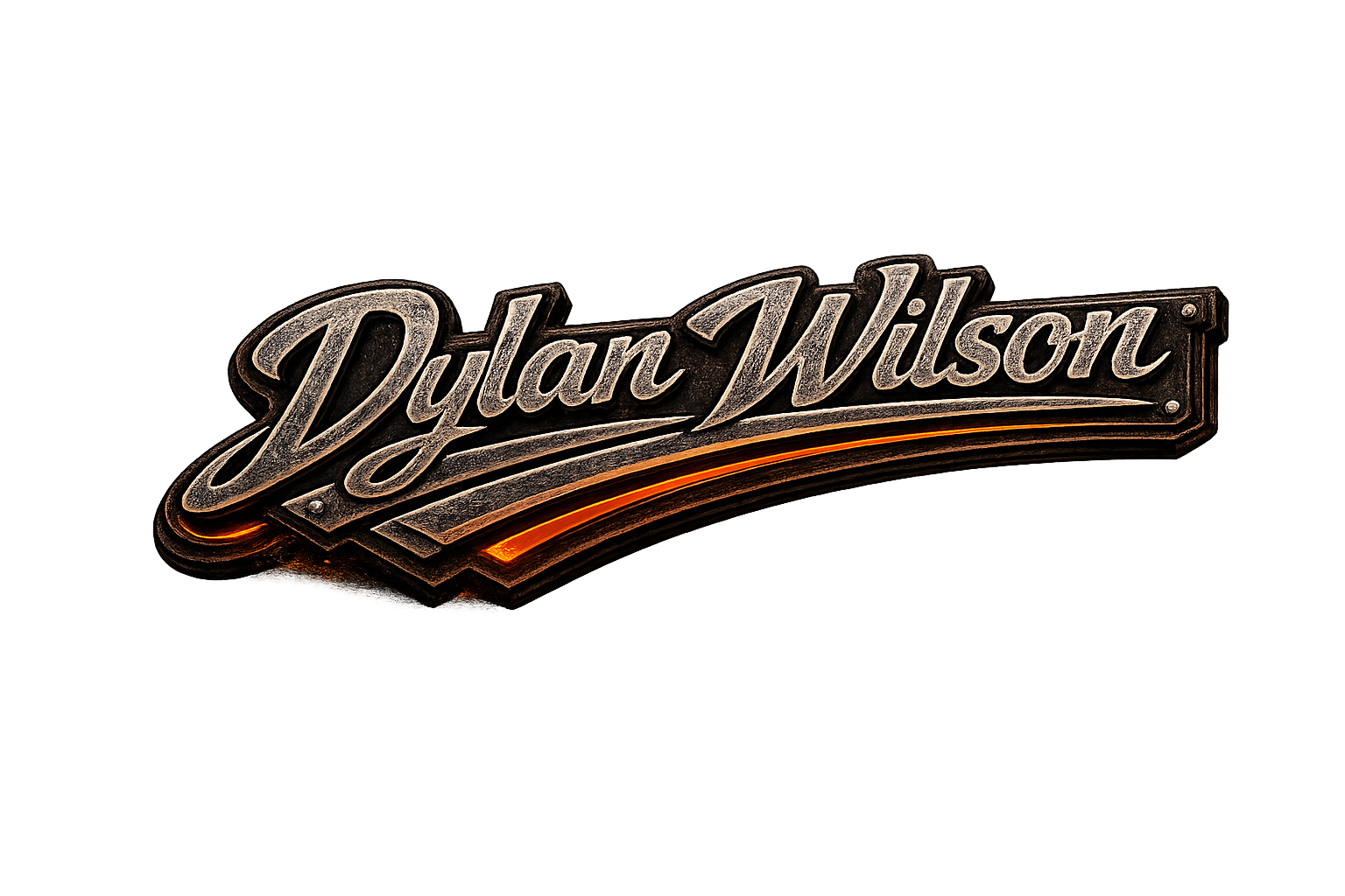 Neon sign displaying the name 'Dylan Wilson' in stylized cursive font with orange and blue neon accents against a dark background.