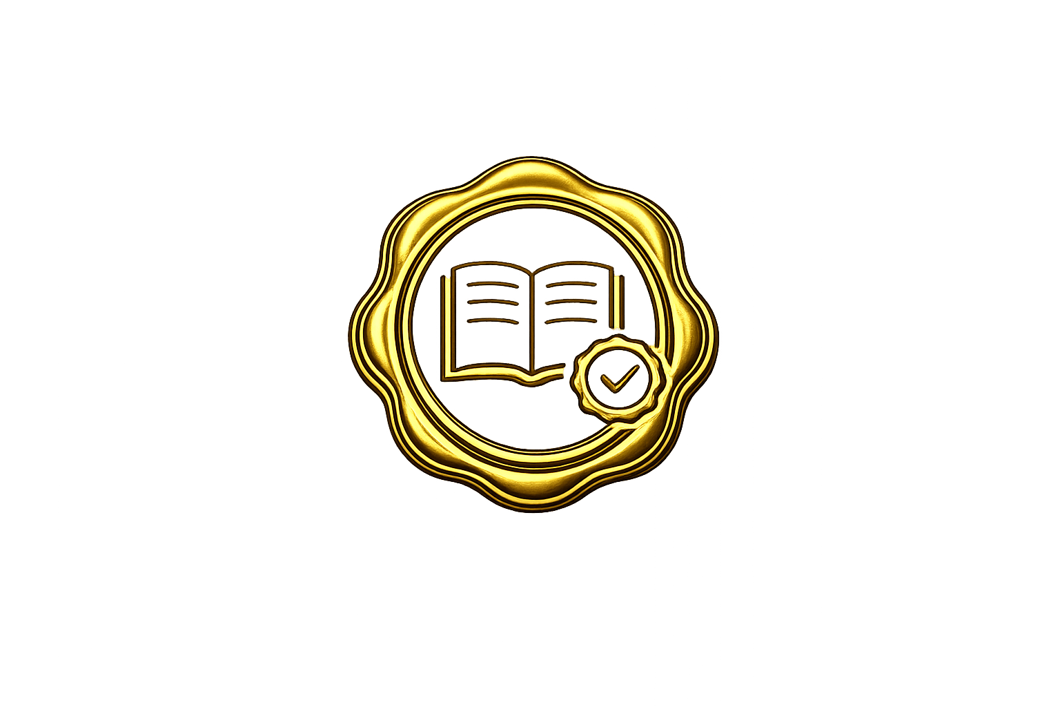 A gold-colored badge with an open book icon and a checkmark inside a circle, symbolizing verified learning or education.
