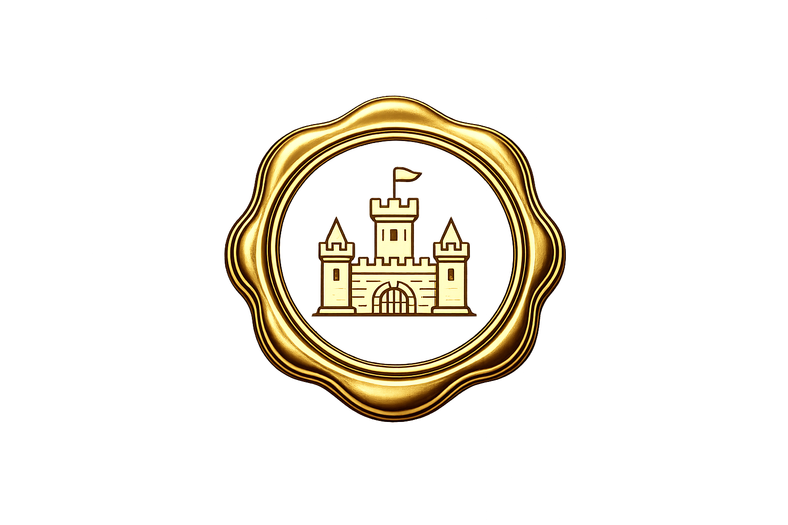 Gold seal with a castle emblem featuring three towers and a flag on the central tower.