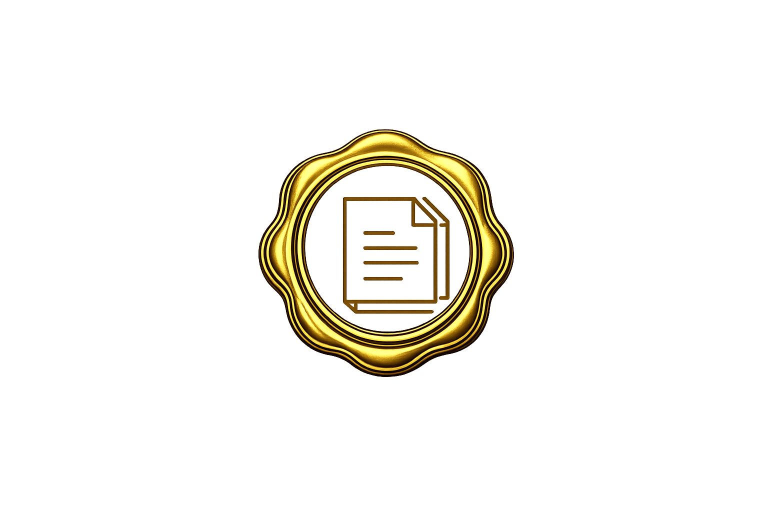 Gold seal with a document icon in the center, on a yellow gradient background.