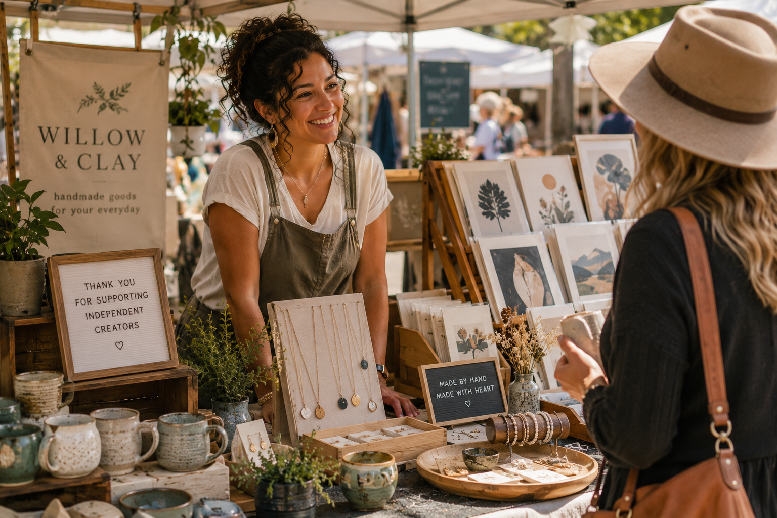A smiling woman sells handmade jewelry and pottery at an outdoor market booth, engaging with a customer wearing a wide-brimmed hat.