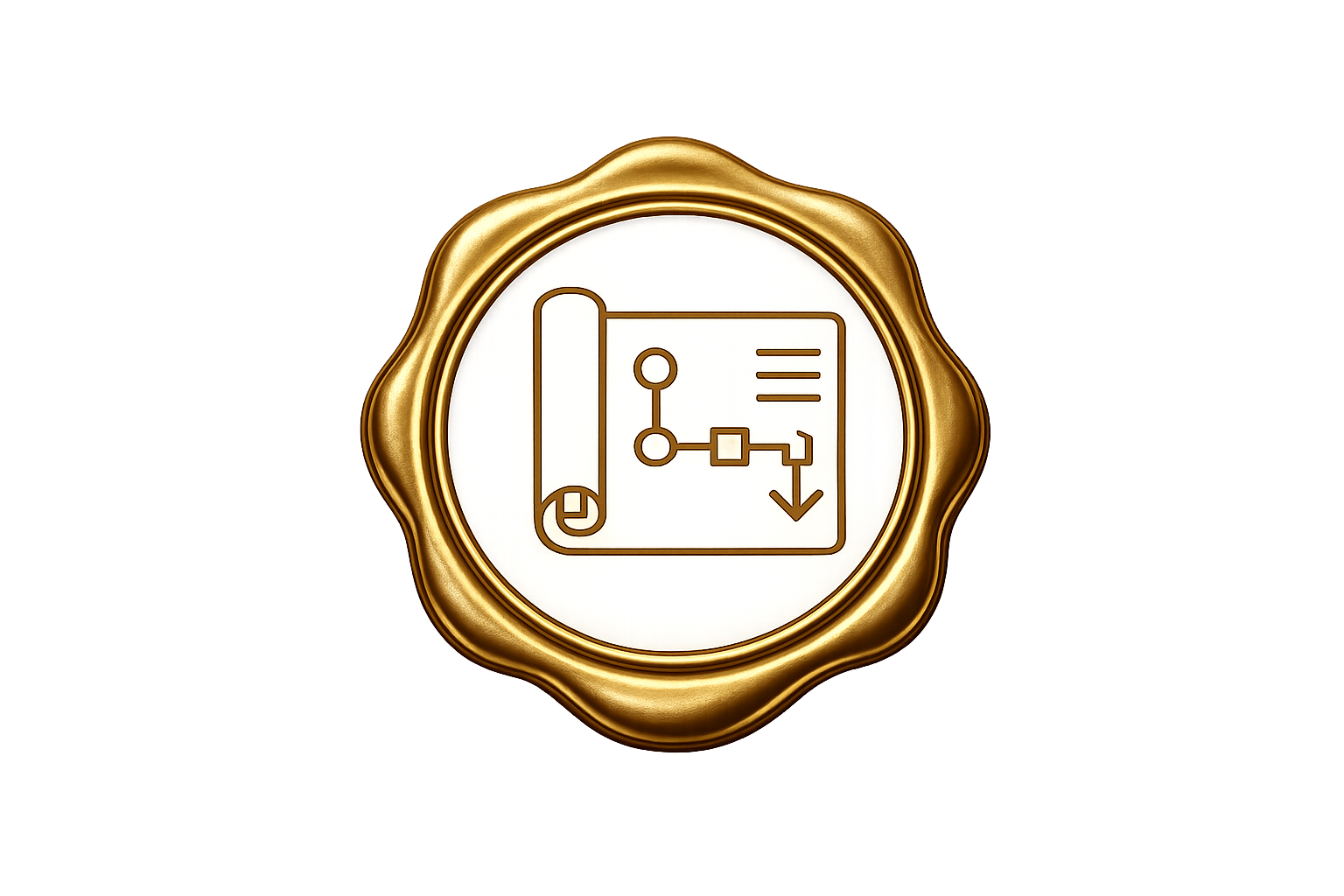 Gold seal with an icon of a rolled blueprint and a flowchart symbol, indicating technical or engineering plans.