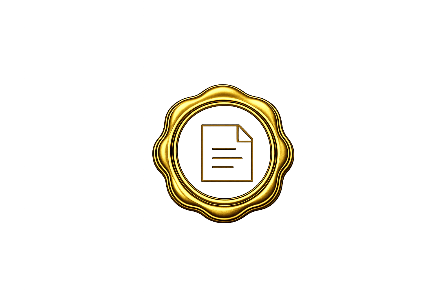 A digital gold seal with a document icon in the center.