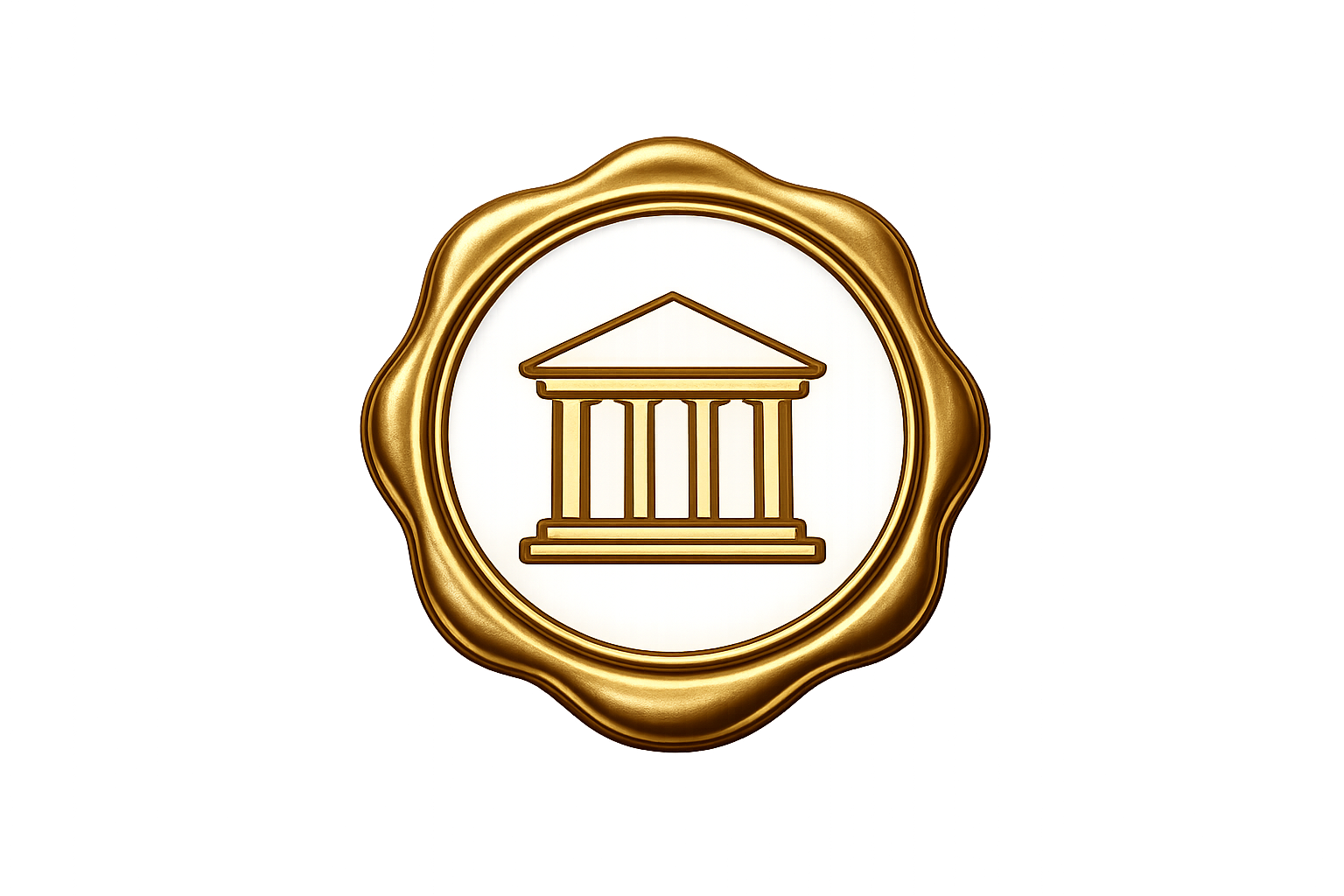 Gold medal with an illustration of a government building with columns inside.
