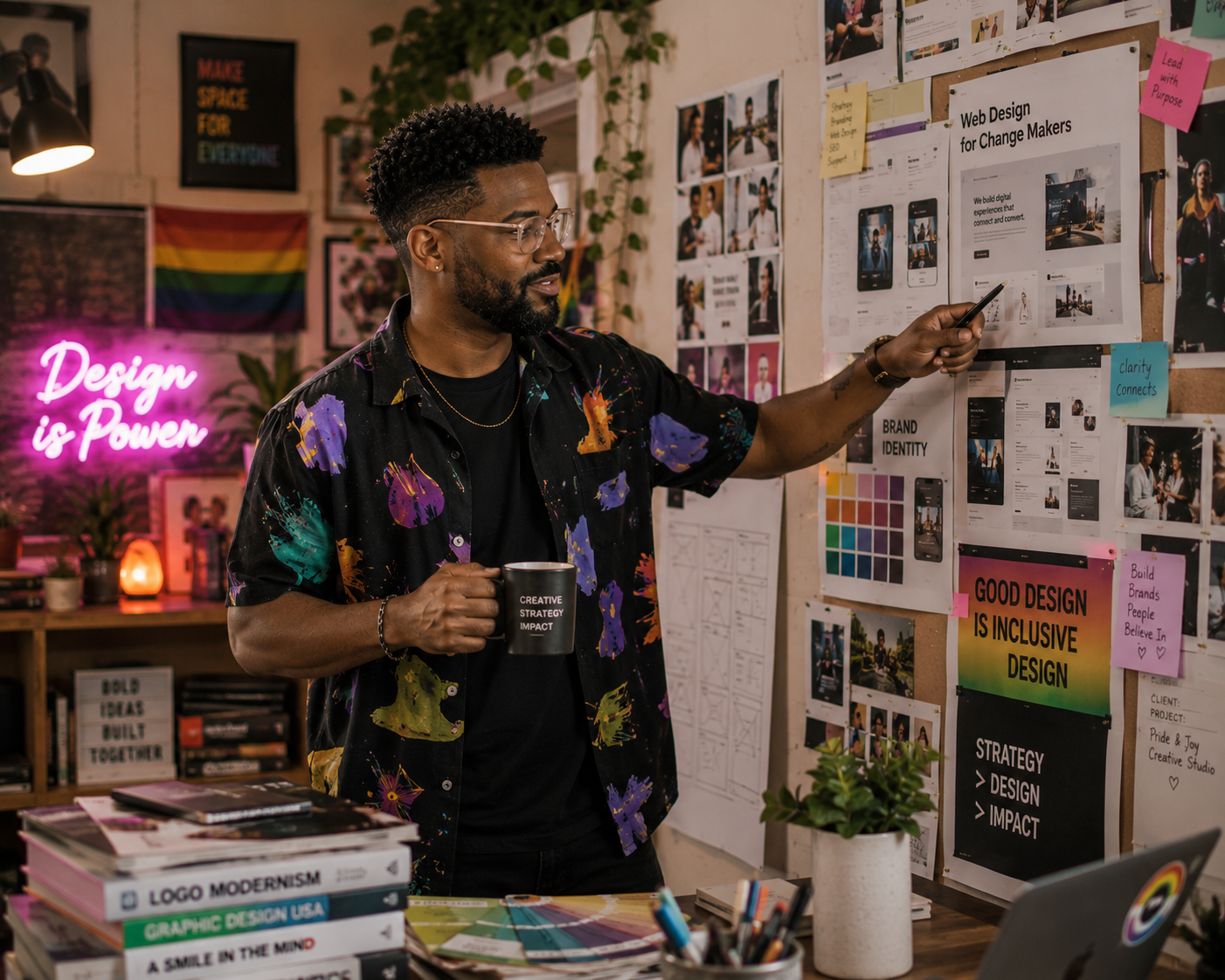 A man in a colorful shirt holding a mug and pointing at a bulletin board filled with design ideas, pictures, and notes in a creative workspace with neon signs and art.