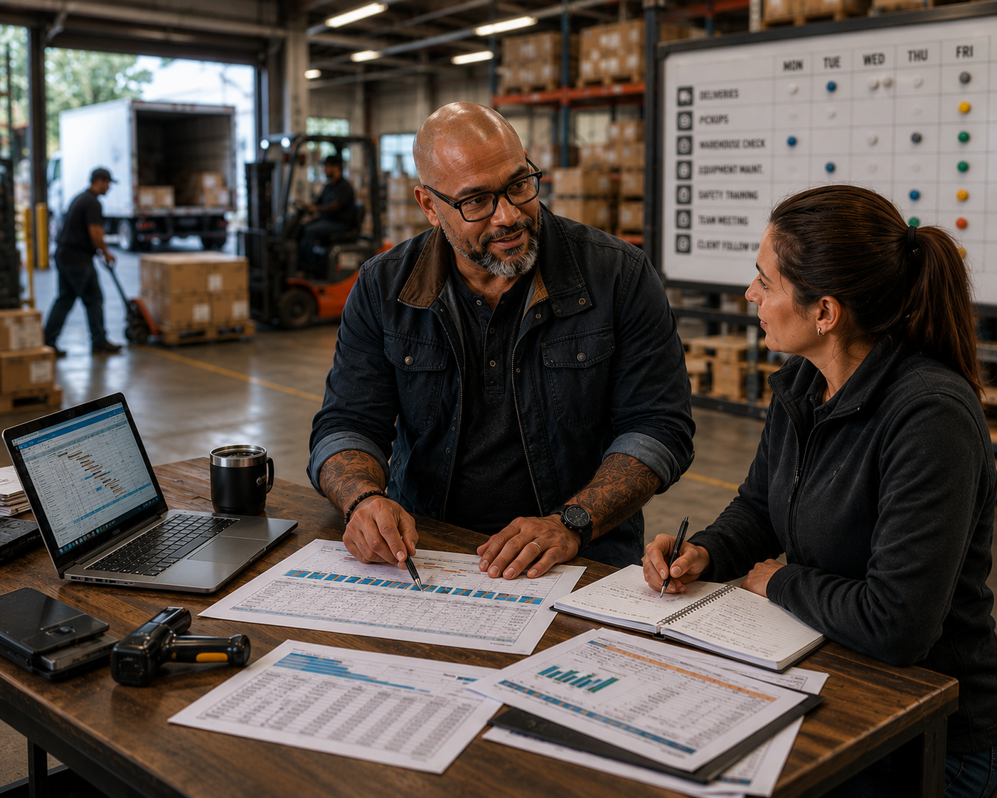 Two people working on logistics or planning at a table in a warehouse, with one person pointing to documents, a laptop, and a notepad, while the other listens and takes notes, with a large schedule board in the background.
