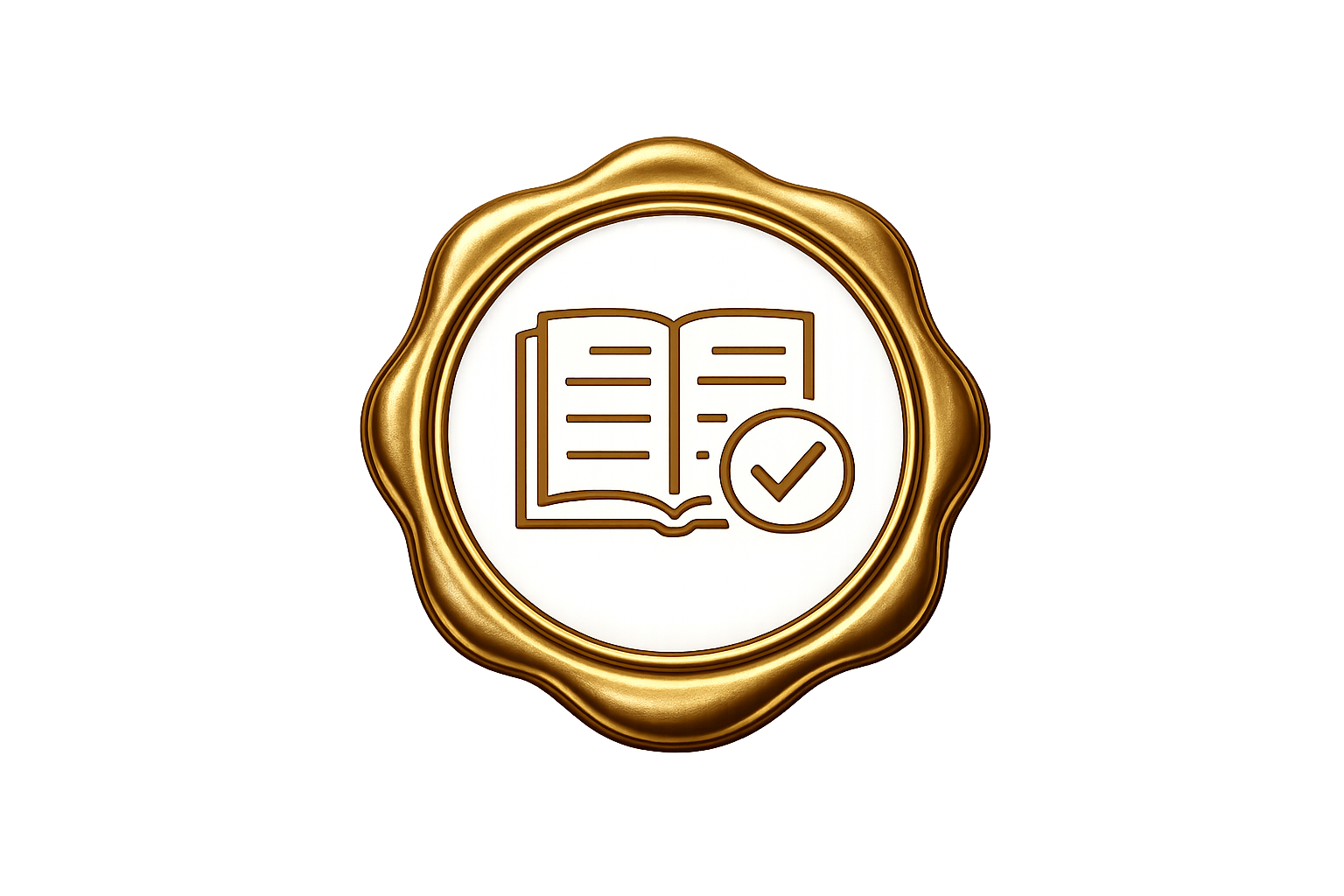 Icon of an open book with a checkmark in a circle, enclosed in a gold ornate frame.