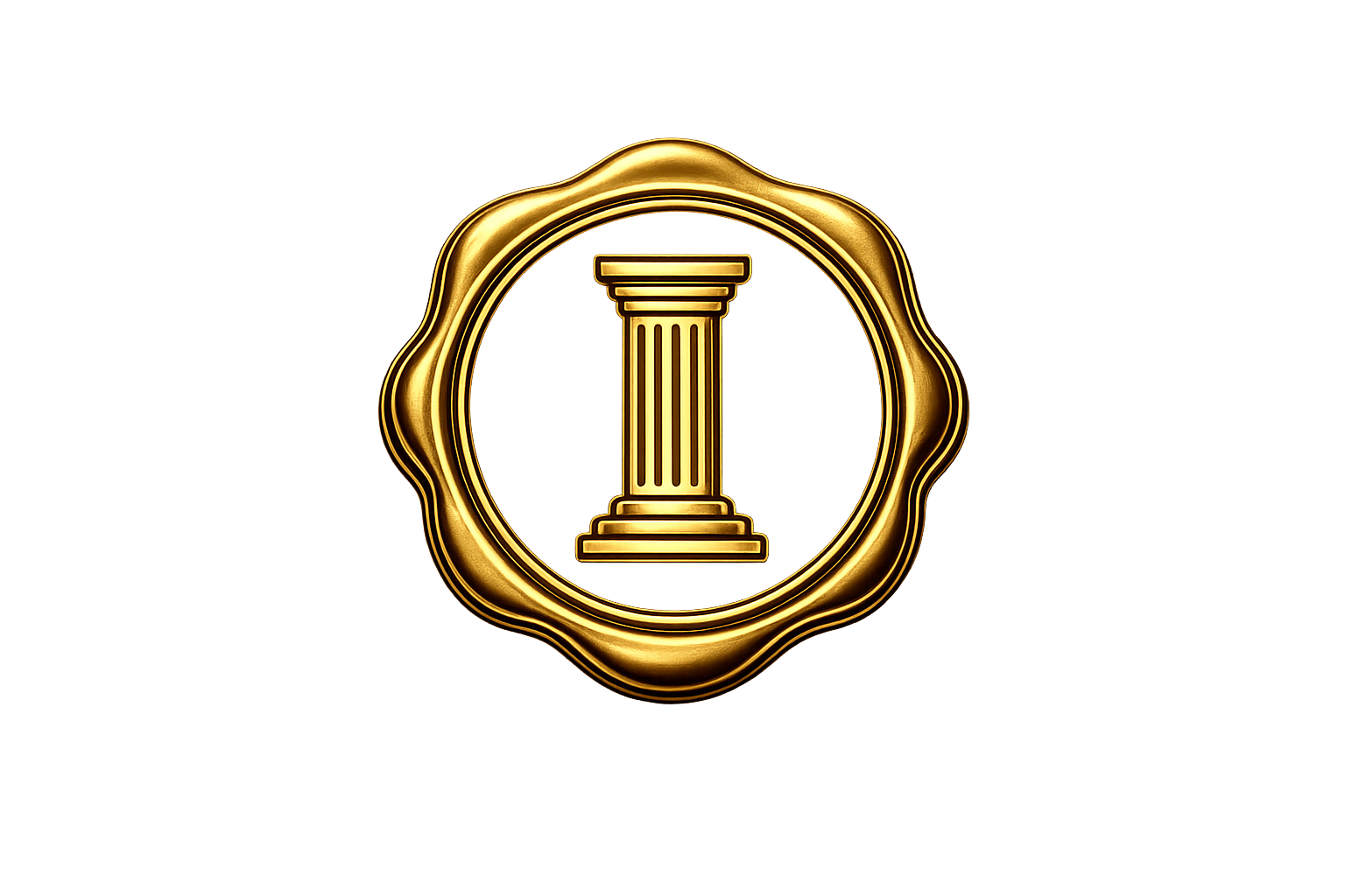 Gold medallion with a classical column in the center, encased in a decorative circular border.