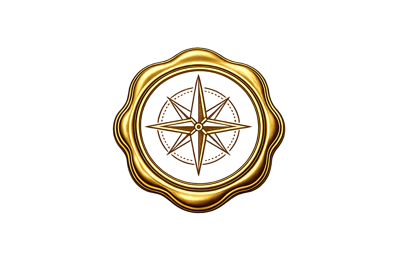 Close-up of a gold wax seal with a compass rose design in the center.