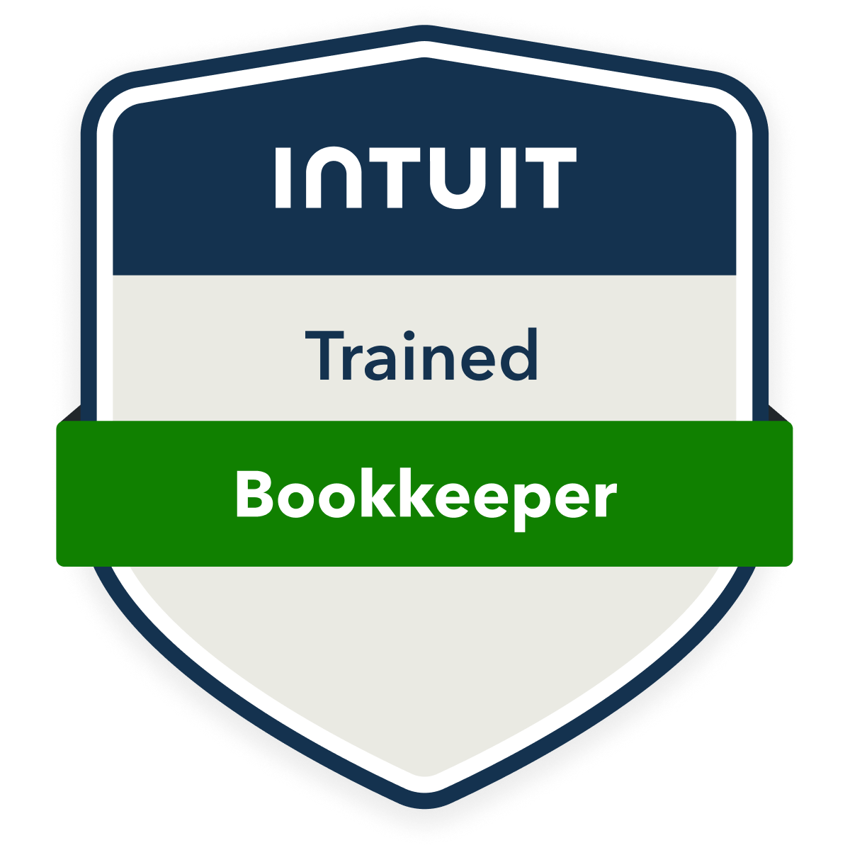 Badge or sign indicating an individual is trained as a bookkeeper with the word "Intuit" at the top, "Trained" in the middle, and "Bookkeeper" in a green bar at the bottom.