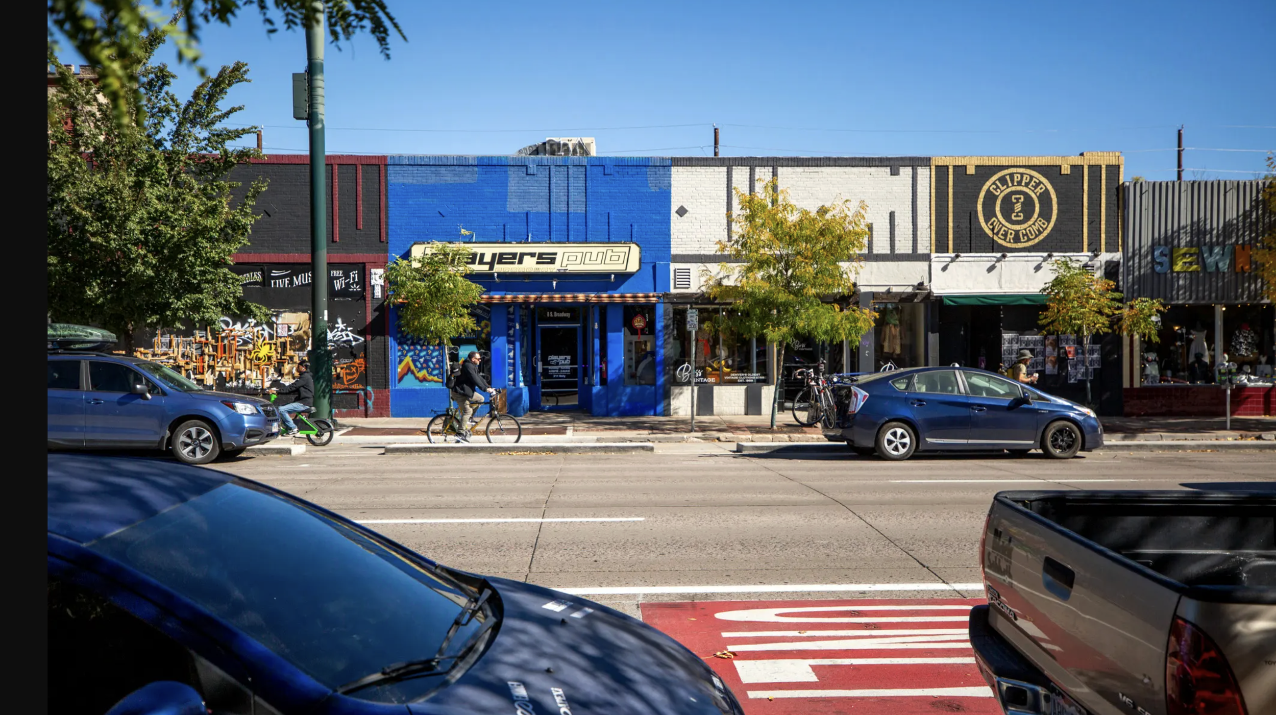 South Broadway buildings and bicyclist