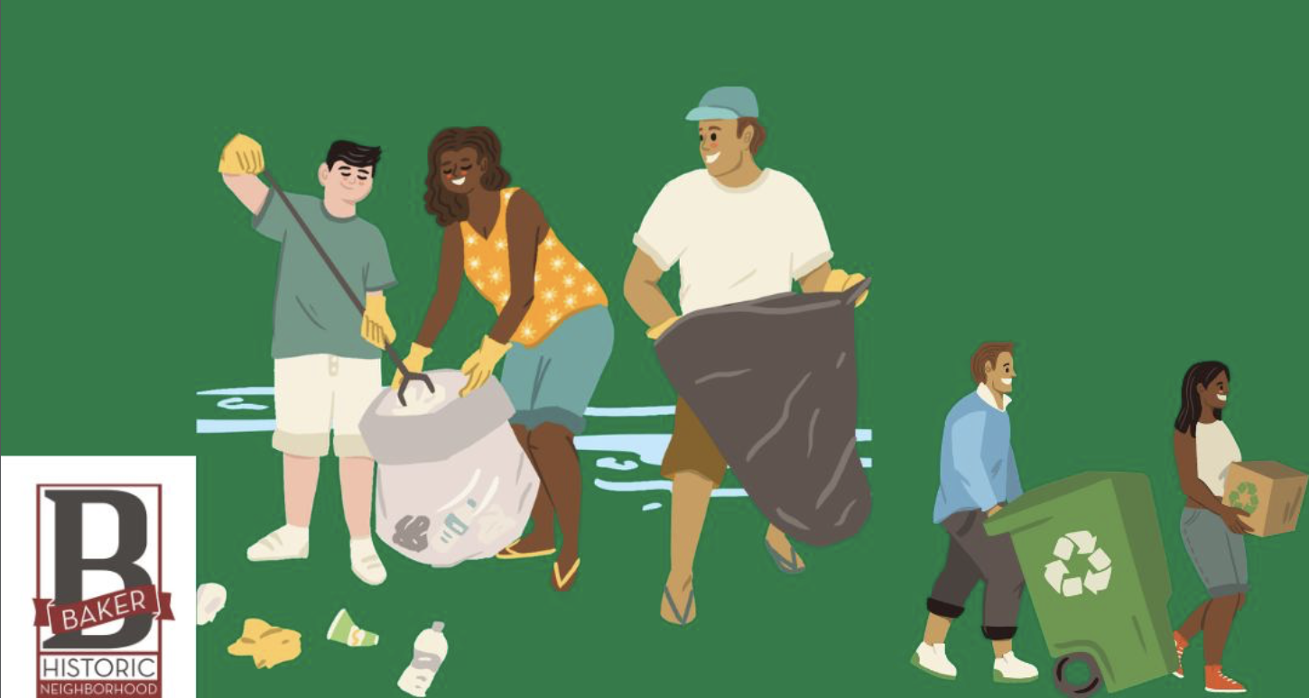 People participating in a community cleanup, picking up trash and recycling trash near a body of water, with a bakery logo in the lower left corner.