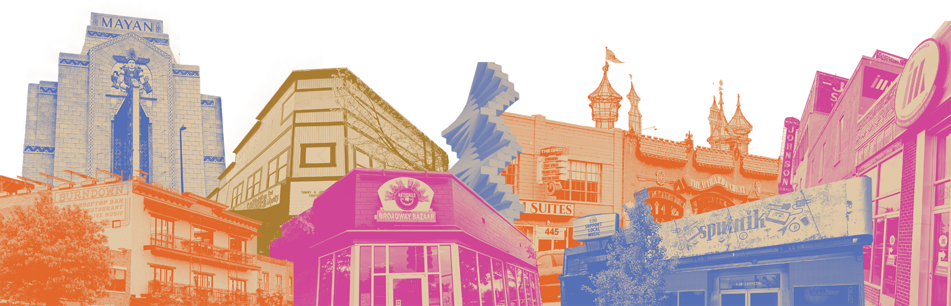 Colorful collage of buildings in a downtown area with various signs and architecture styles.