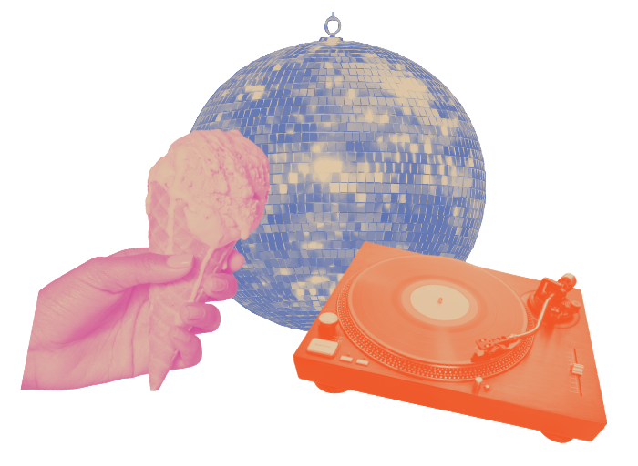 Disco ball, turntable, and hand holding ice cream cone.