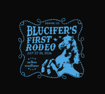 Blue ribbon with a horse, advertising the Denver Blue Ribbon's First Rodeo event from July 23-26, 2020.