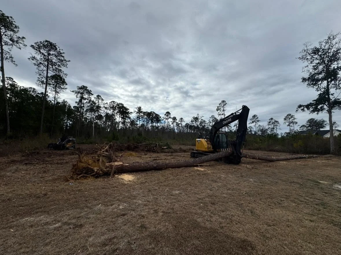 A construction site with a fallen tree, a yellow excavator, and an overcast sky.