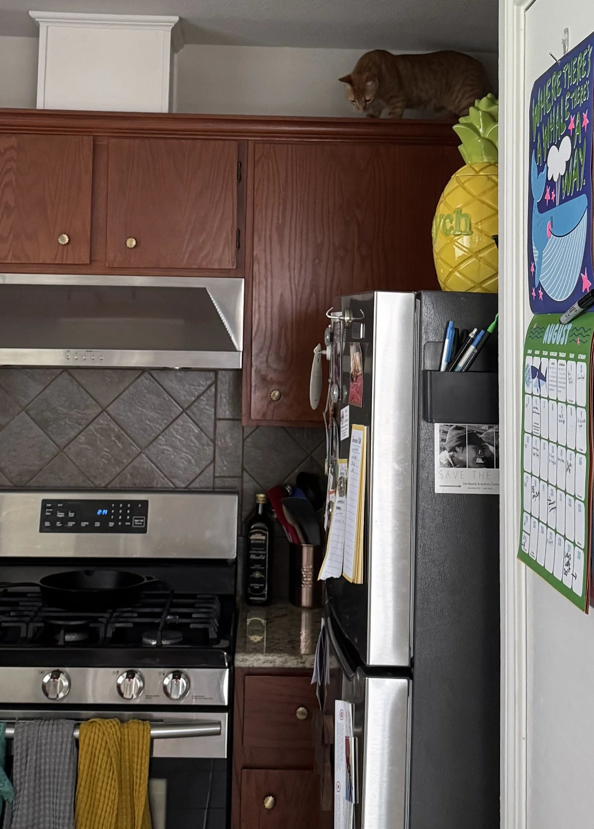 An orange cat hides on the top of brown kitchen cupboards near the ceiling.