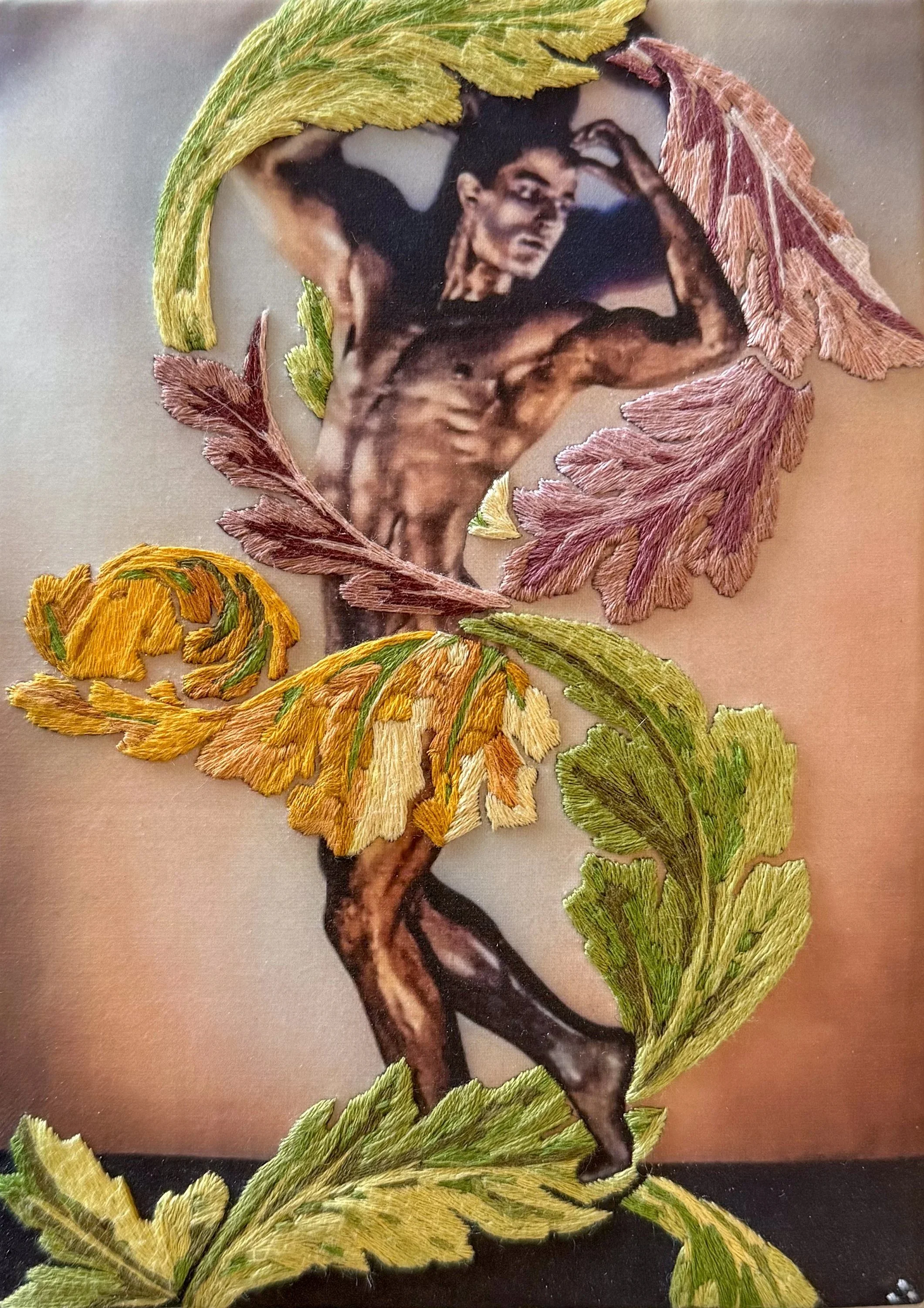 Traces of Desire, embroidery on vintage physique photograph.