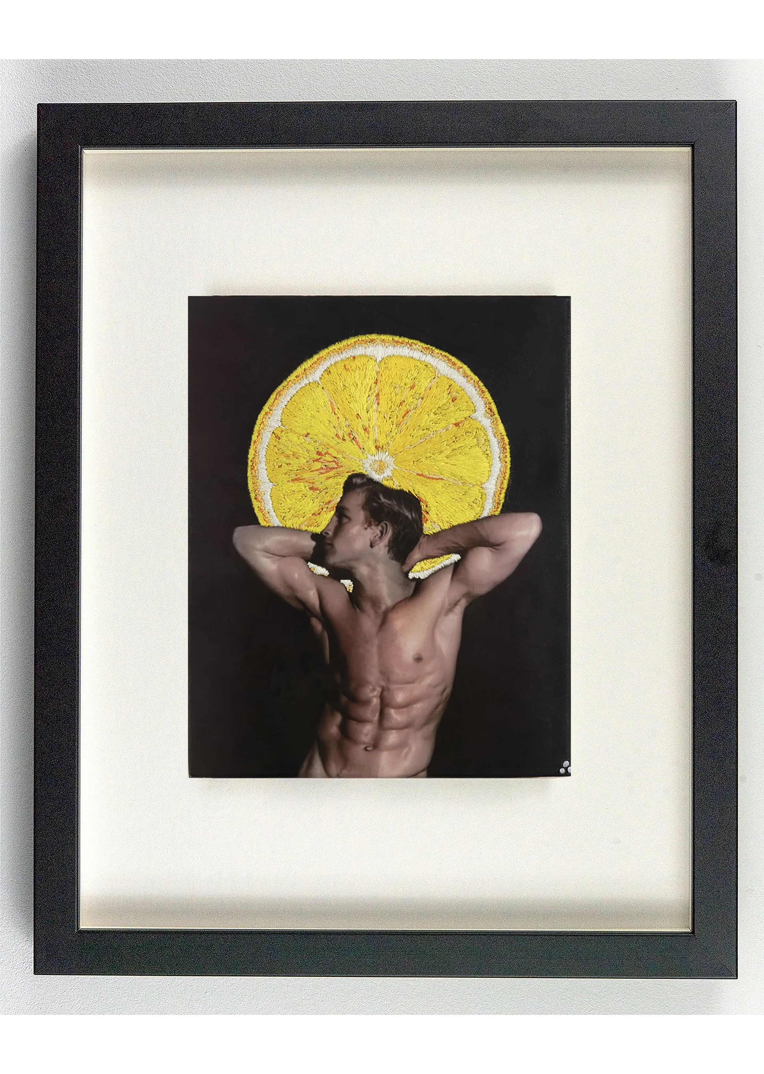 Sanctified Fruit framed in black, original queer art by Vancouver artist Paul Gravett.