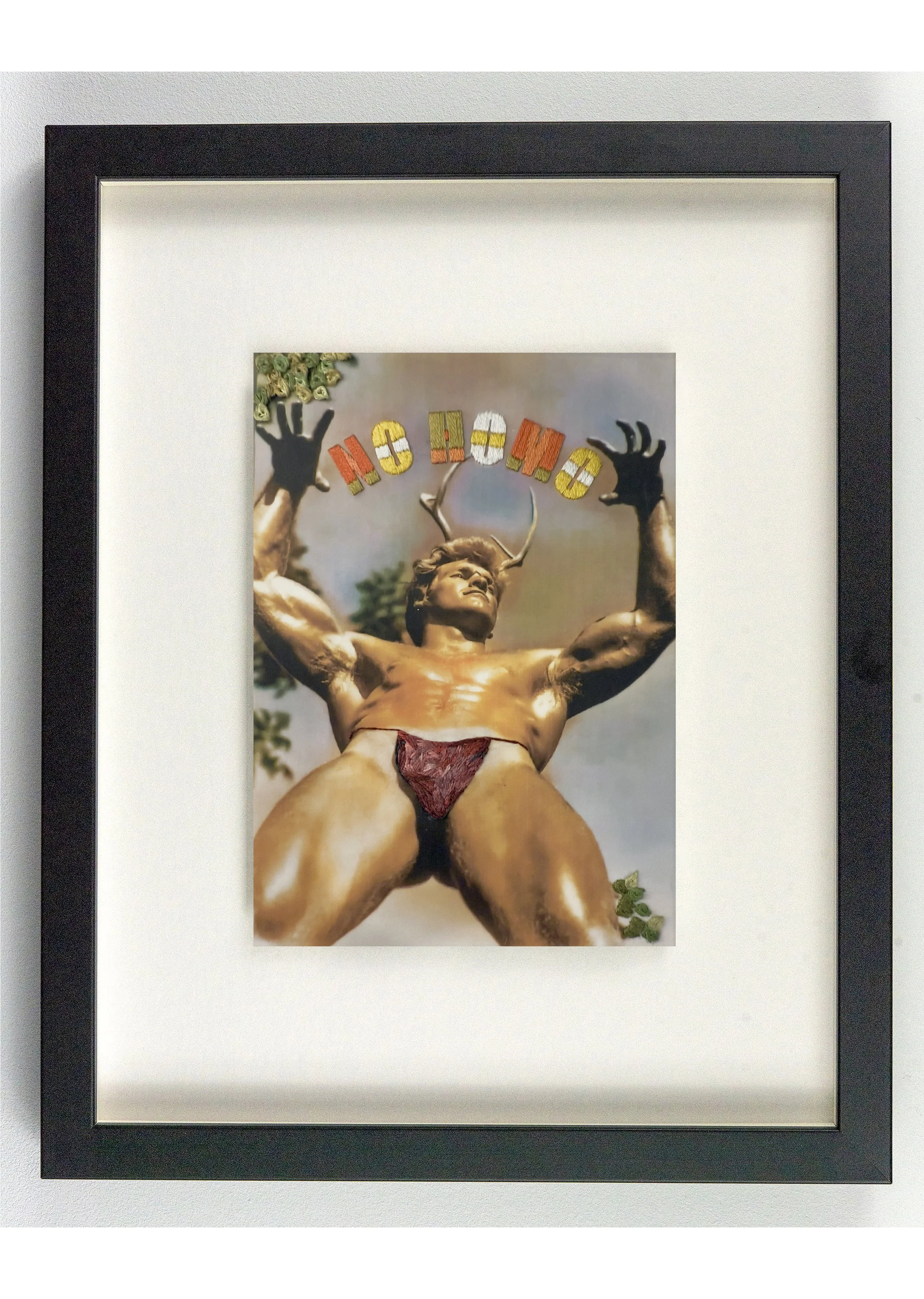 No Homo framed in black, original queer art by Vancouver artist Paul Gravett.