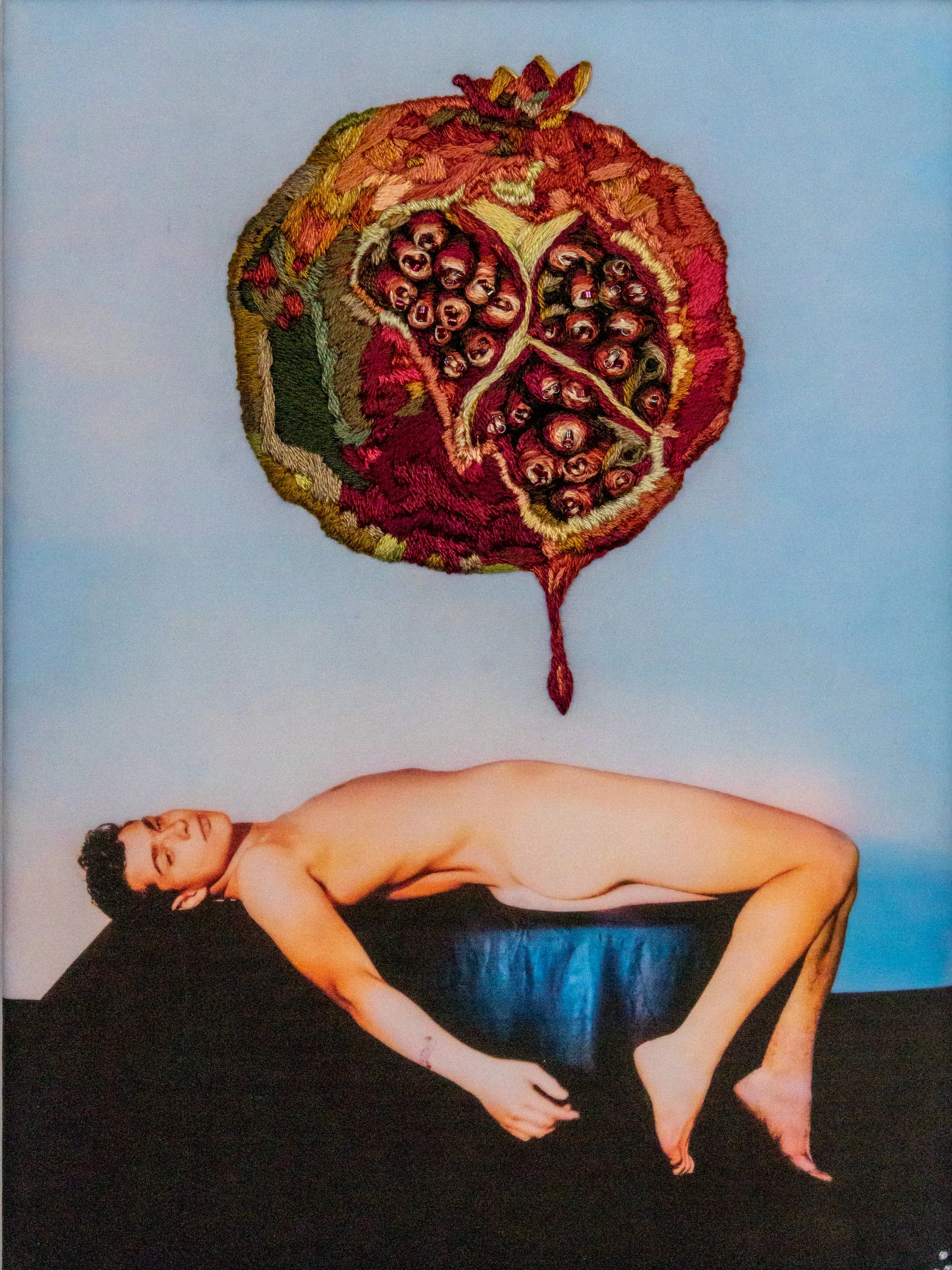 Suspended, embroidered pomegranate on vintage physique photography, Paul Gravett, The Queer Thread