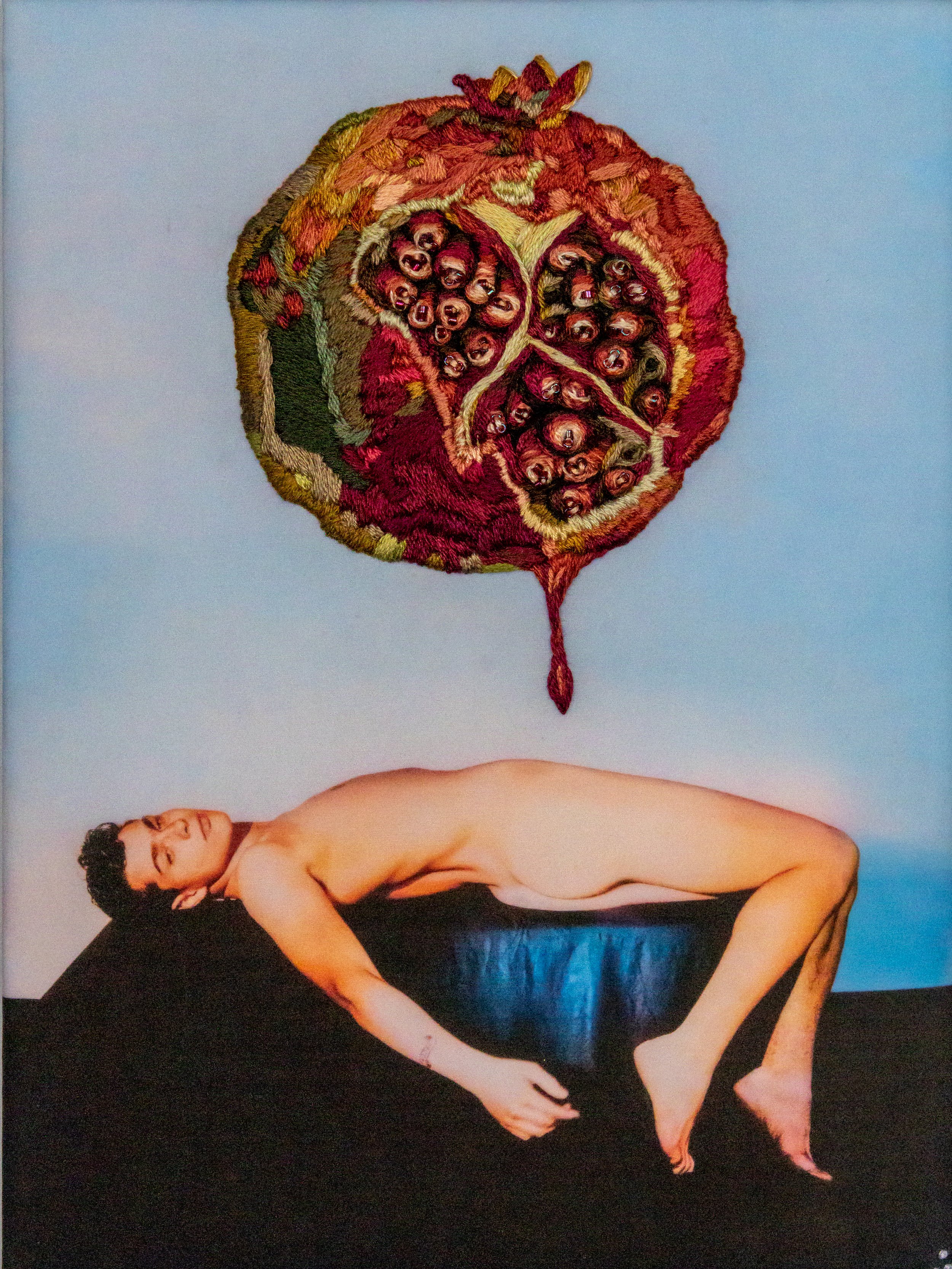 Suspended - embroidered pomegranate on vintage physique photograph, Paul Gravett, The Queer Thread