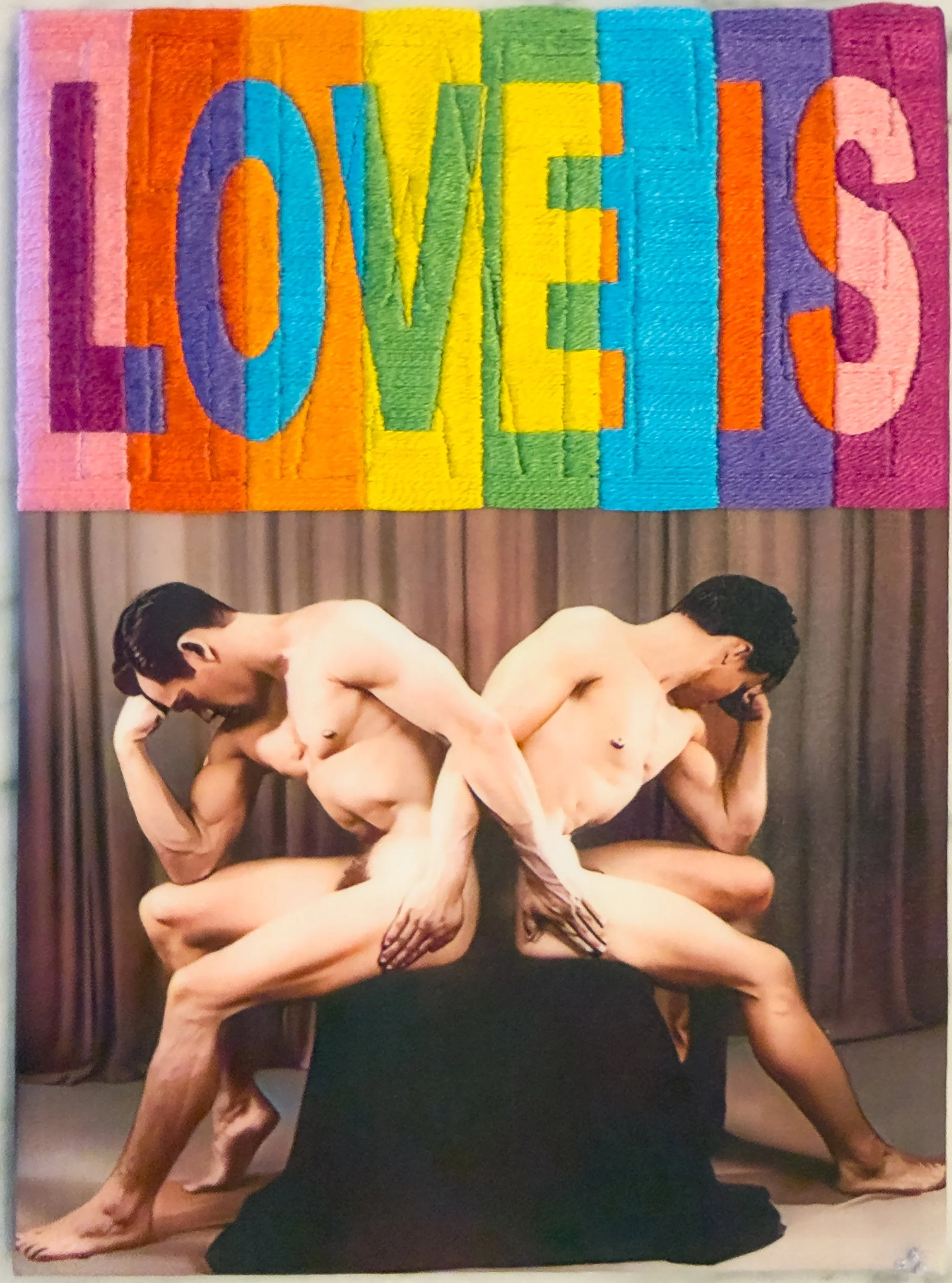 Rainbow pride colours overlay two men who cannot meet each other's eyes. HATE persists beneath the slogans. Hand-embroidered queer art by Paul Gravett.