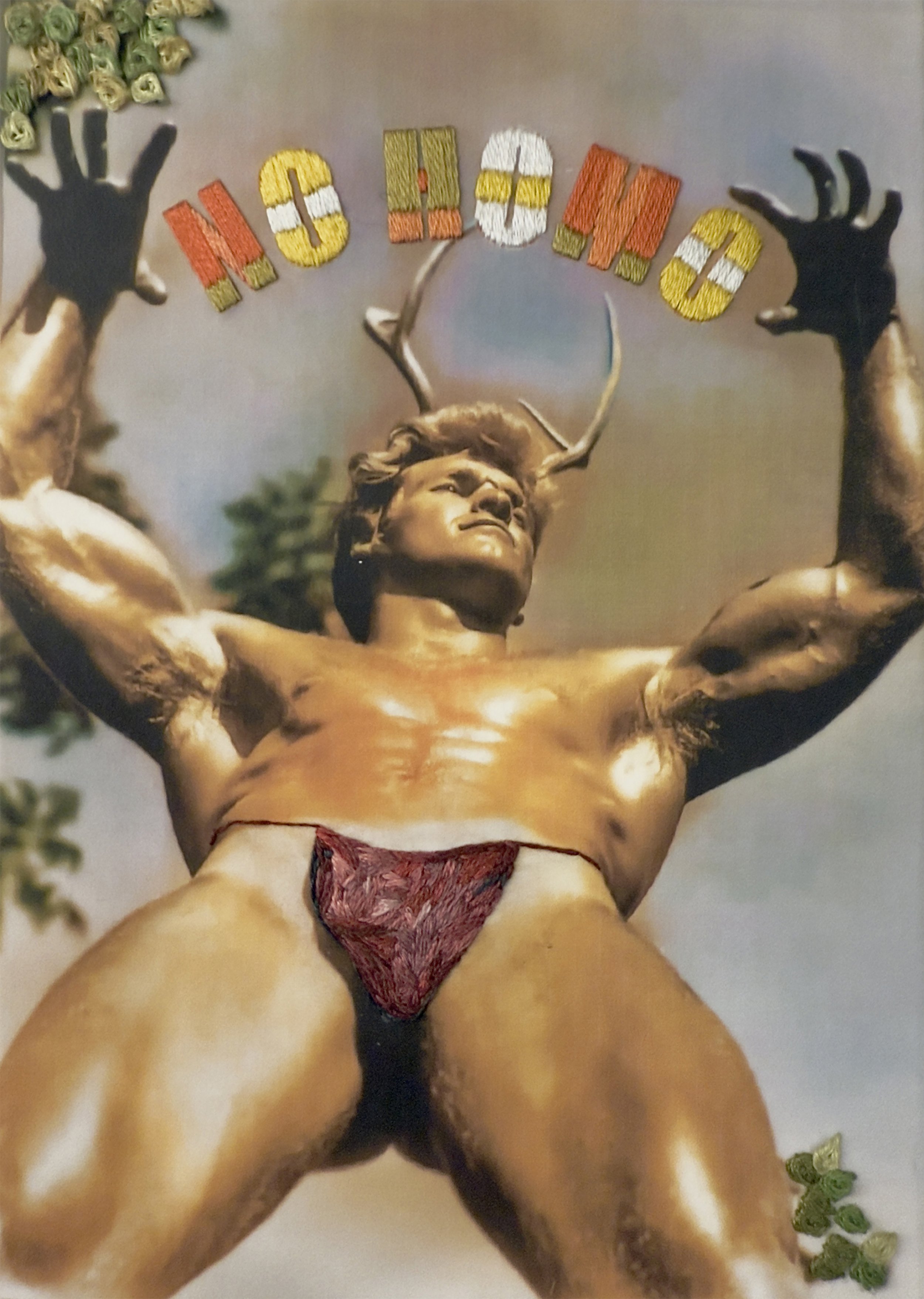 "NO HOMO" arcs above Bud Counts in brazen coloured thread — a disclaimer designed to police masculinity, returned as a crown. Hand-embroidered queer art.