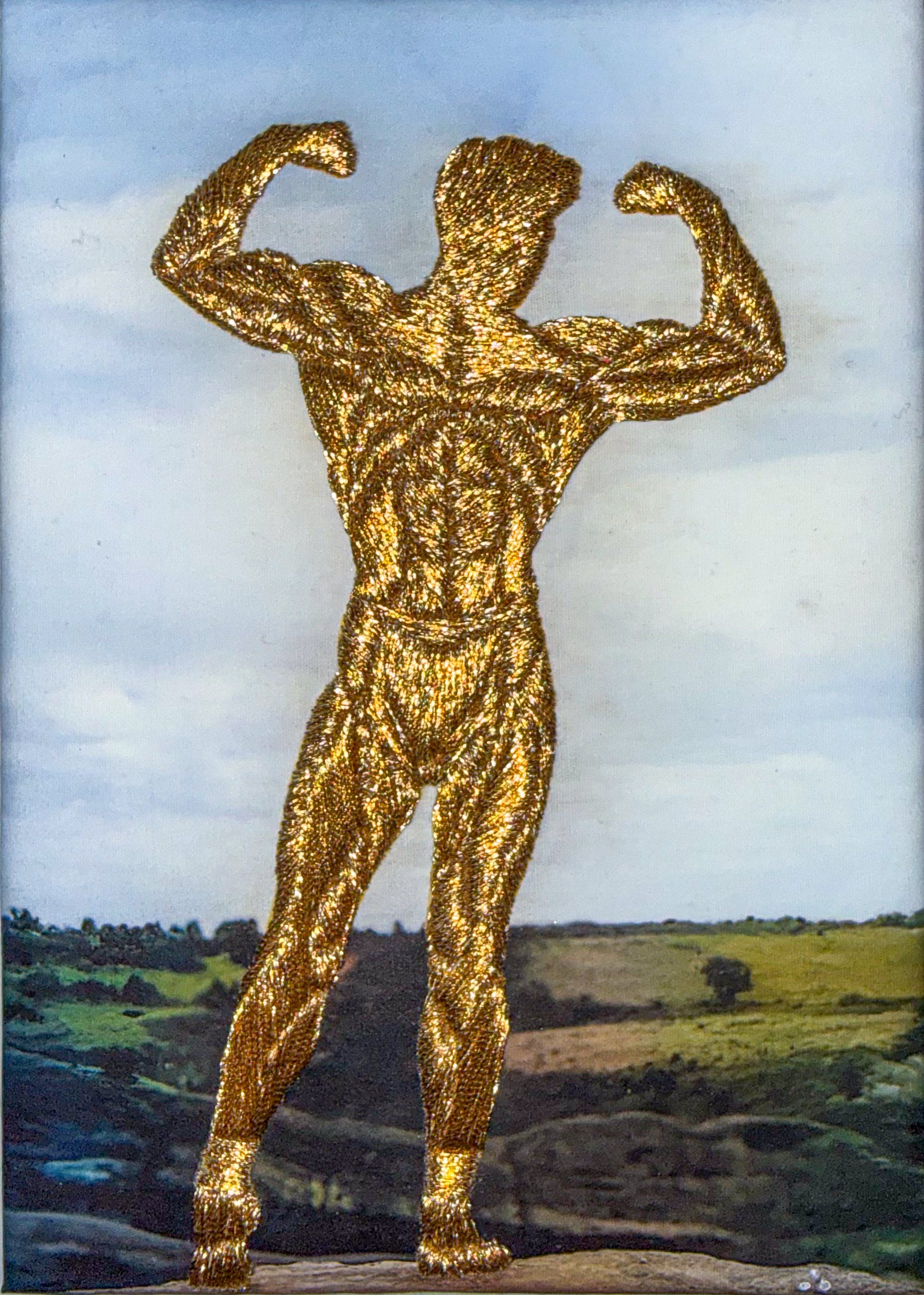 A figure covered in Japanese gold metal thread — arms raised, identity withheld, impossible to look away from. Hand-embroidered queer art by Paul Gravett.