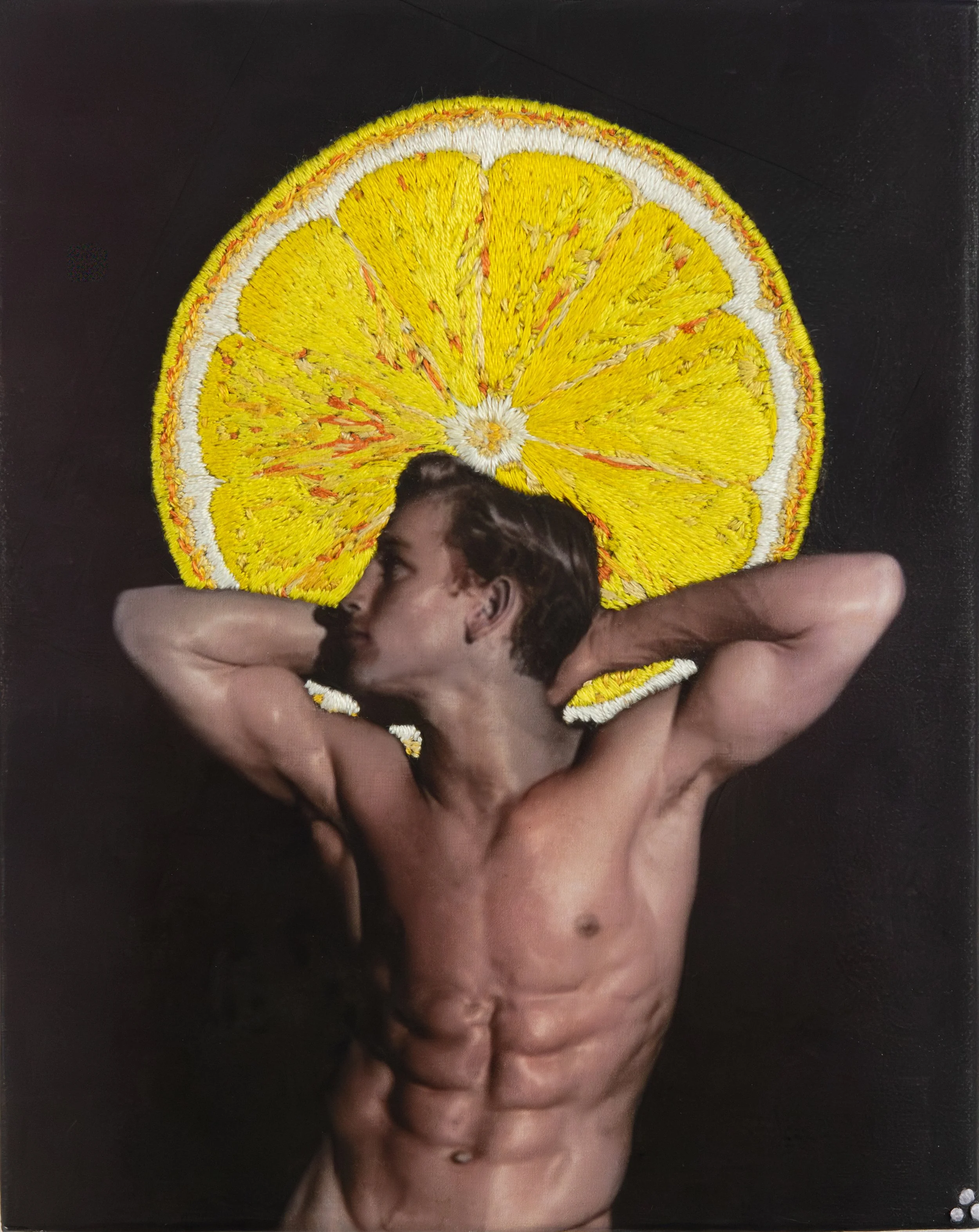 Sanctified Fruit, embroidery on vintage physique photograph by Paul Gravett, The Queer Thread.