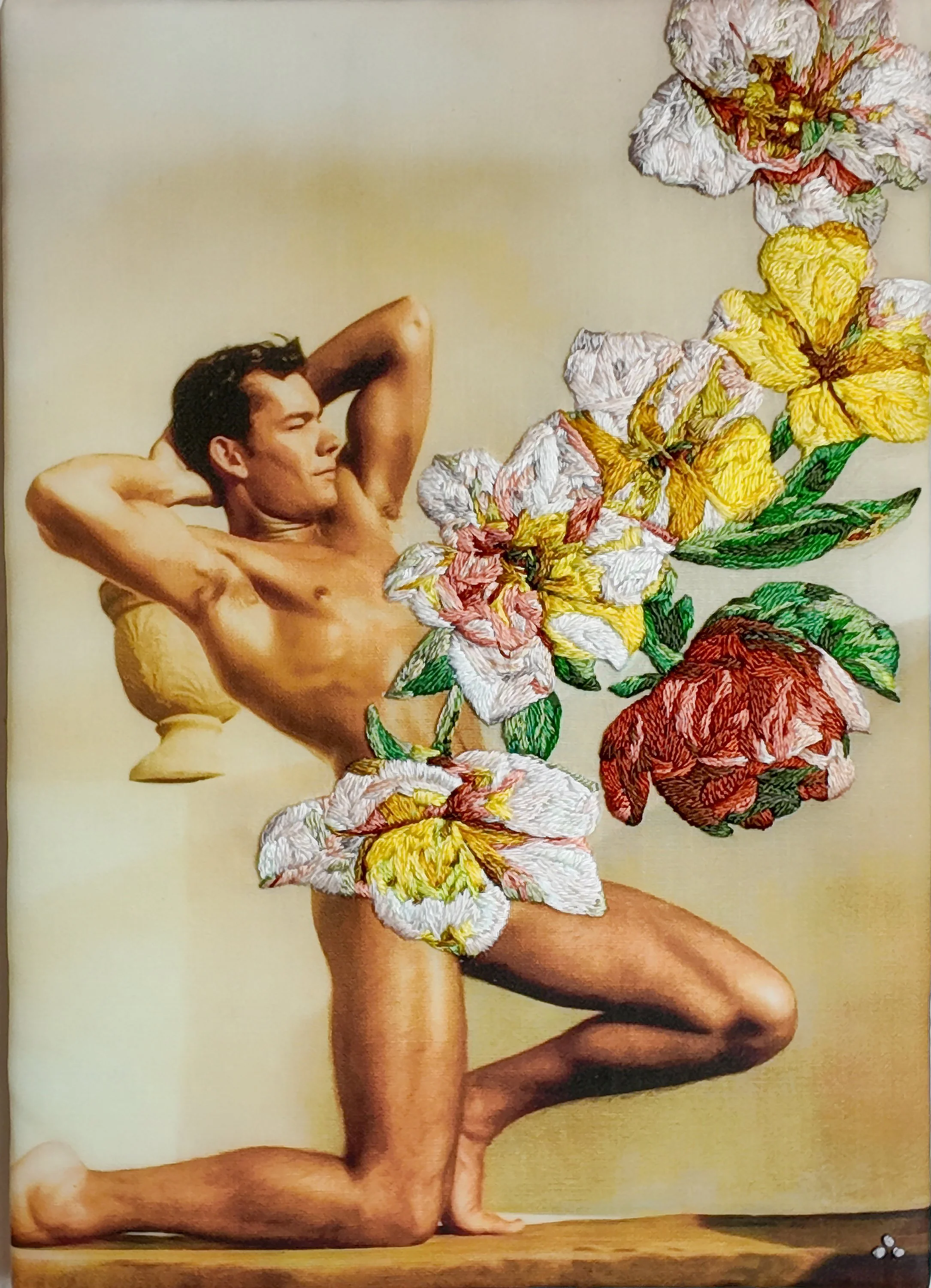 Embroidered flowers envelop a kneeling figure in colours that refuse ephemerality. Inspired by Duane Michals. Hand-embroidered queer art by Paul Gravett.