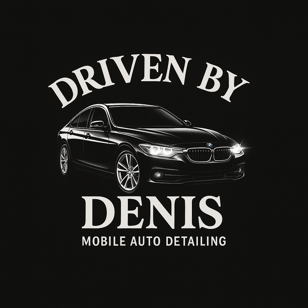 Black sedan car with headlights on, logo and text for 'Driven by Denis, Mobile Auto Detailing'