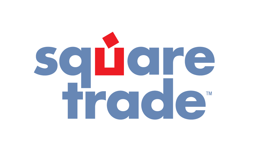 Logo of SquareTrade with the word 'square' in blue and 'trade' in blue, featuring a red square with a tilted red diamond above the letter 'u'.