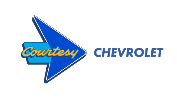 Logo with a large blue arrow and the words "Courtesy" in yellow cursive and "CHEVROLET" in bold blue capital letters