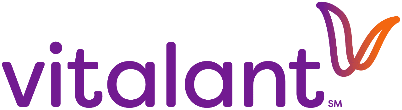 Logo with the word 'vitalant' in purple lowercase letters and a stylized check mark or leaf in orange and purple to the right.