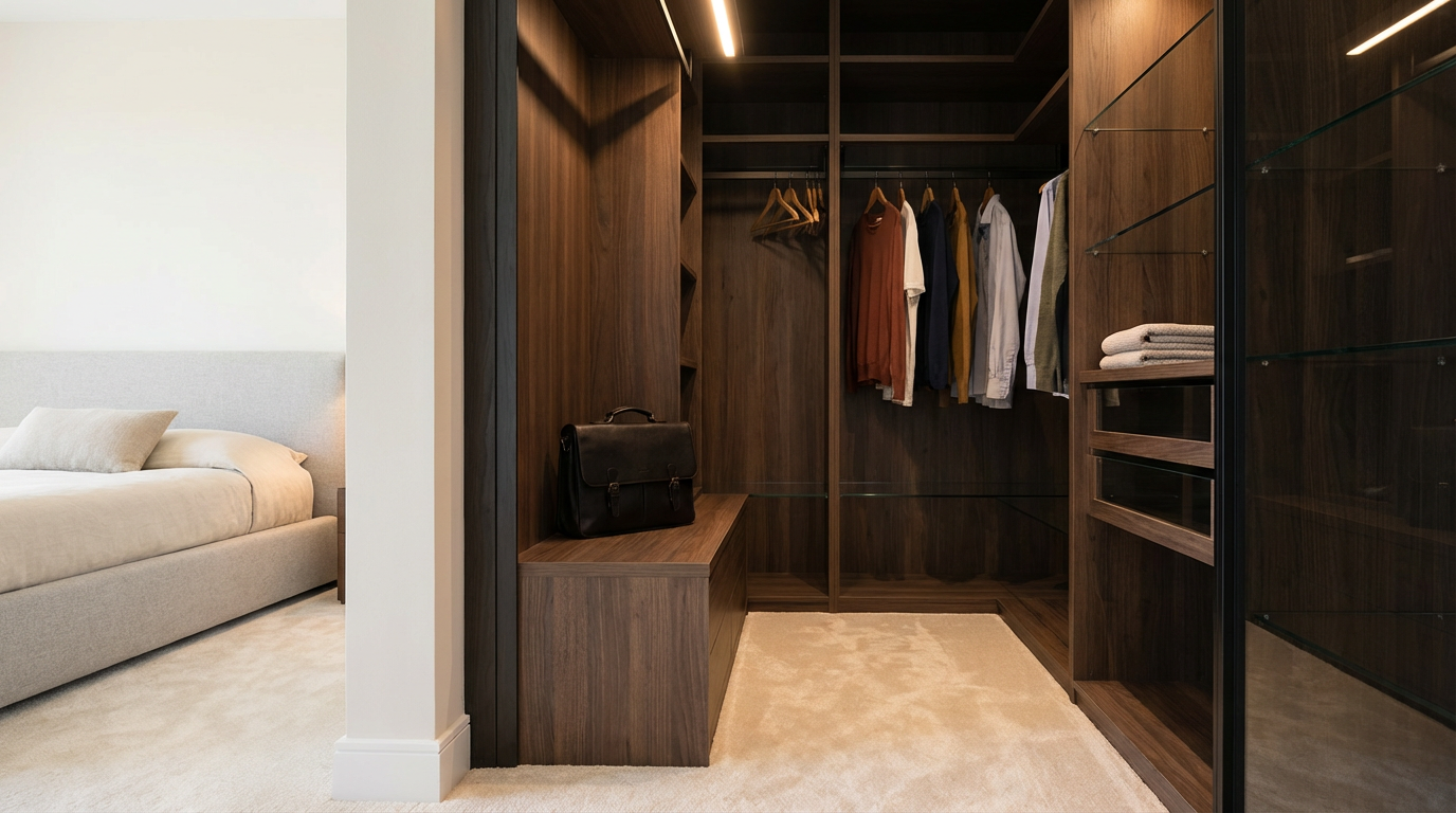 A walk-in closet with dark wood shelves and hanging space for clothes. There are some folded towels on one shelf and a black briefcase on a bench. To the left, a portion of a bedroom with a beige bed and pillows is visible.