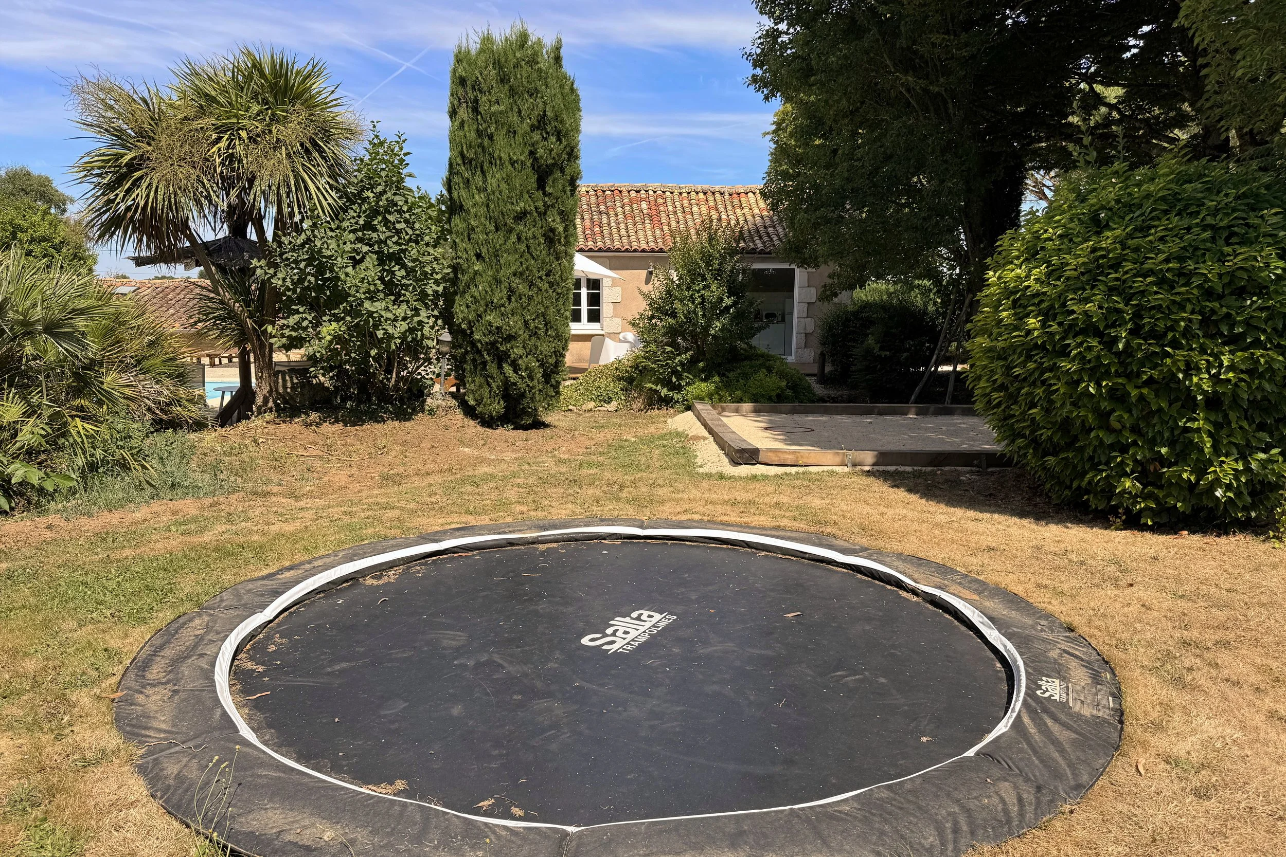 Un trampoline noir avec un rebord blanc placé sur de l'herbe sèche dans un jardin, entouré de diverses plantes et arbres, avec une maison au fond et un ciel bleu avec quelques nuages.