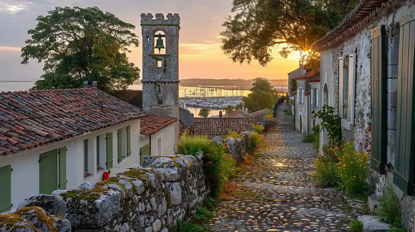 Ruelle cobblestone avec maisons en pierre, un clocher d'église, et un port de plaisance en arrière-plan au coucher du soleil.