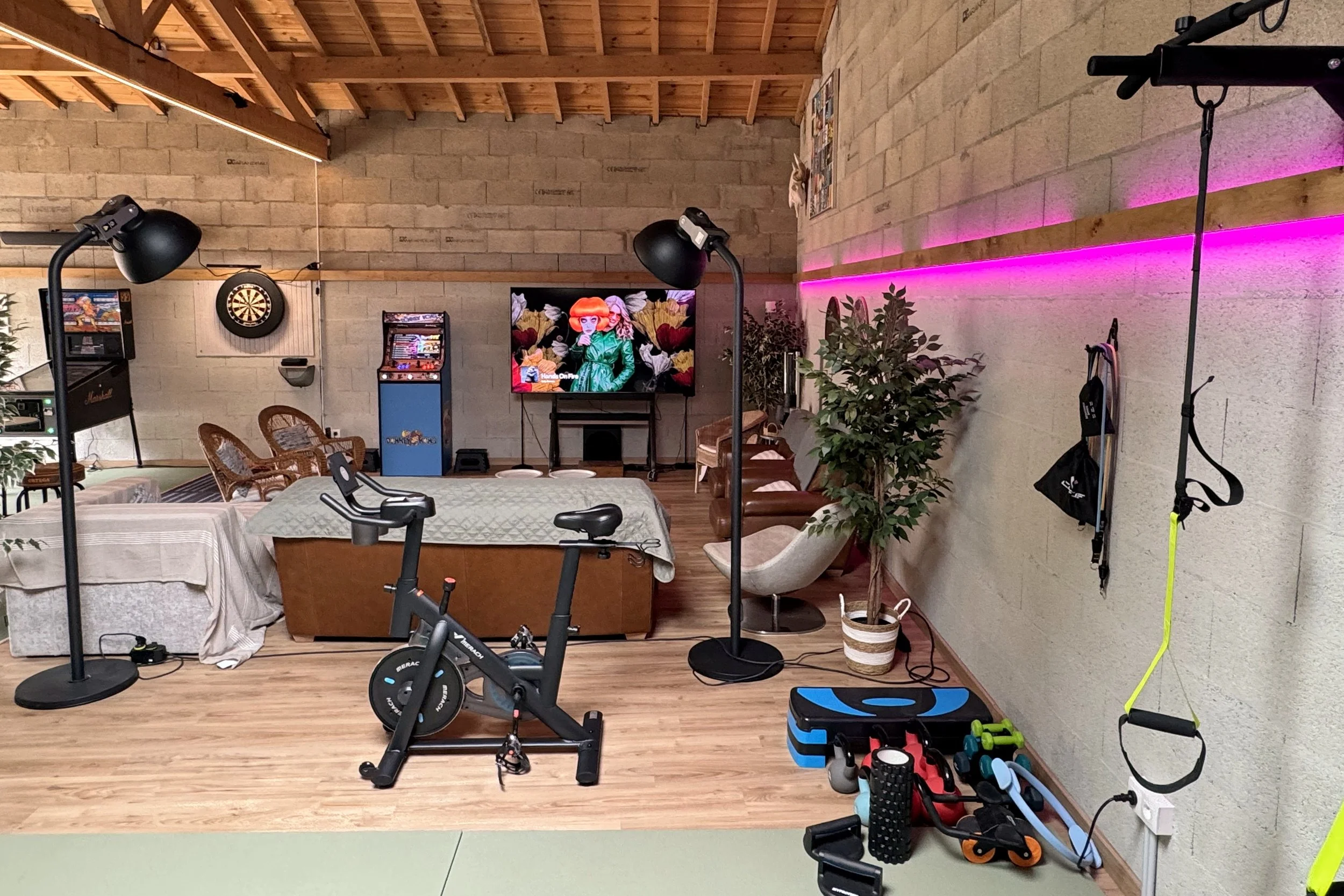 Une salle de sport ou de loisirs avec équipement pour l'exercice physique et un espace de détente, décorée avec des lumières colorées et des plantes.