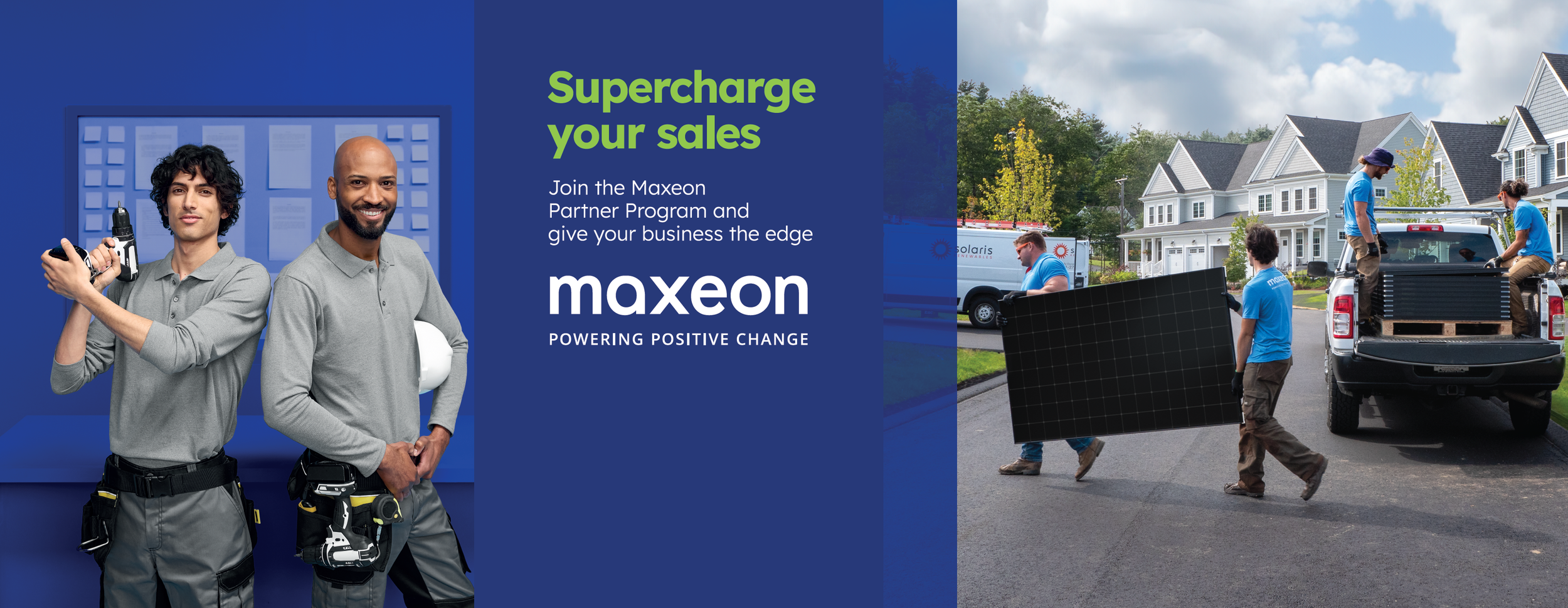 Split image with a promotional graphic on the left showing two men in gray work uniforms holding tools and smiling, and on the right a team installing solar panels on a residential roof with a truck and multiple workers in blue shirts.