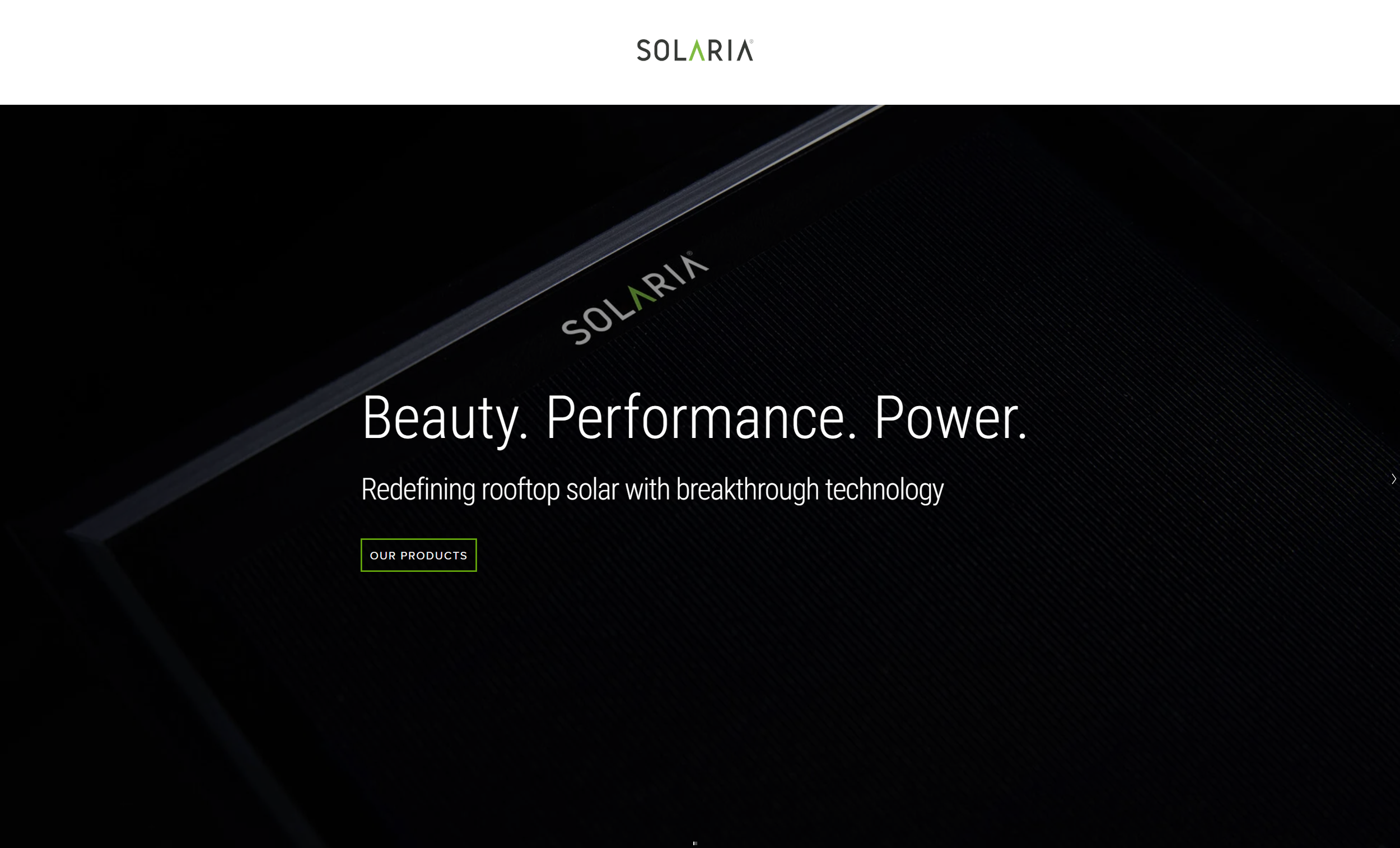 Close-up image of a solar panel with the brand name 'SOLARIA' visible, dark background, and promotional text 'Beauty. Performance. Power.' with a subtitle 'Redefining rooftop solar with breakthrough technology' and a button labeled 'Our Products'.
