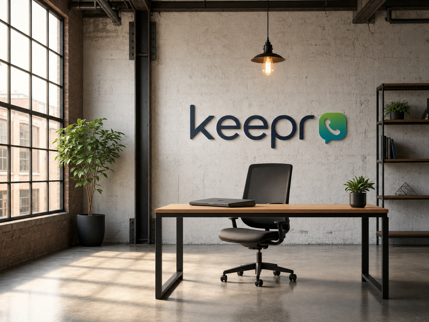 Modern office with a desk, office chair, potted plants, and a large window, with the 'keepr' logo on the wall.