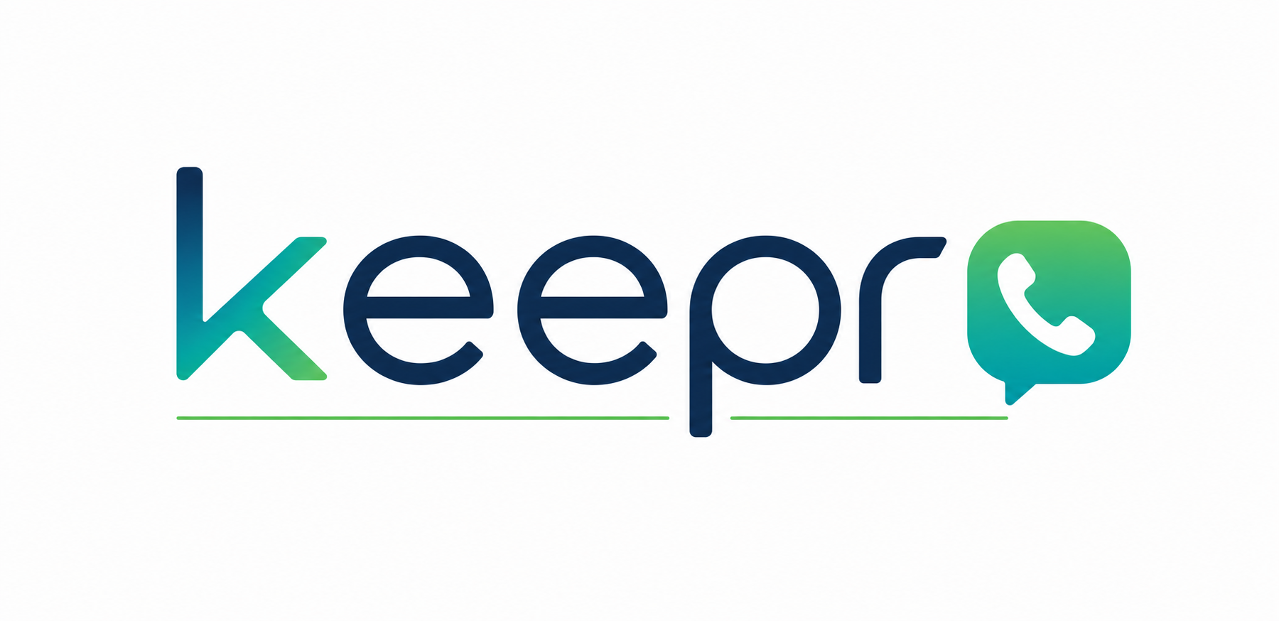The image features the Keepo logo in a modern font with a gradient blue-green color. The letter 'k' is stylized with a gradient, and the 'o' is replaced with a green speech bubble containing a white phone receiver, symbolizing communication and messaging.