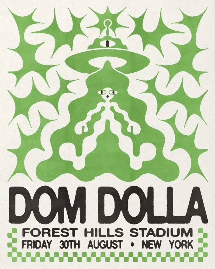 A green and white concert poster with a psychedelic design featuring a flying saucer and a humanoid figure with multiple limbs, promoting a show by Dom Dolla at Forest Hills Stadium in New York on Friday, August 30th.