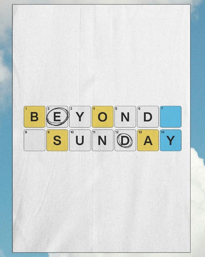 A crossword puzzle with the phrase 'BEYOND SUNDAY' filled in, using yellow and white tiles, with two blue tiles at the ends.