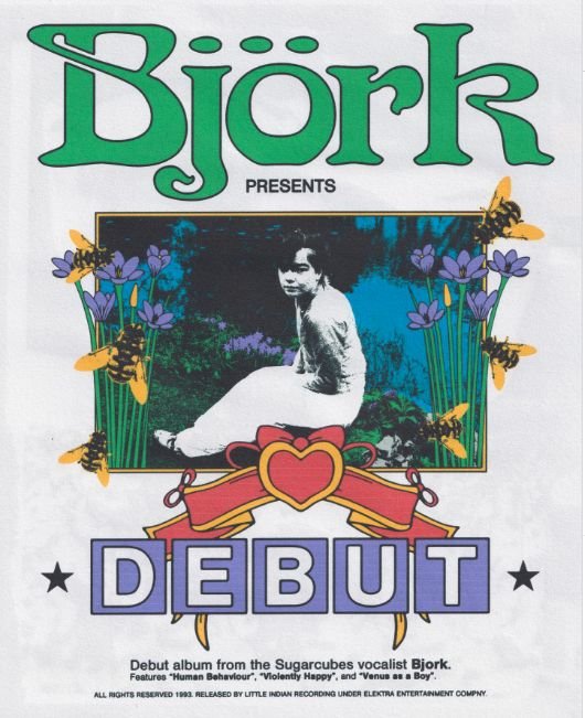 Album cover featuring Bjork's debut album, with a black and white photo of Bjork sitting outdoors surrounded by purple flowers and bees, with bold green and purple text for her name and album title.
