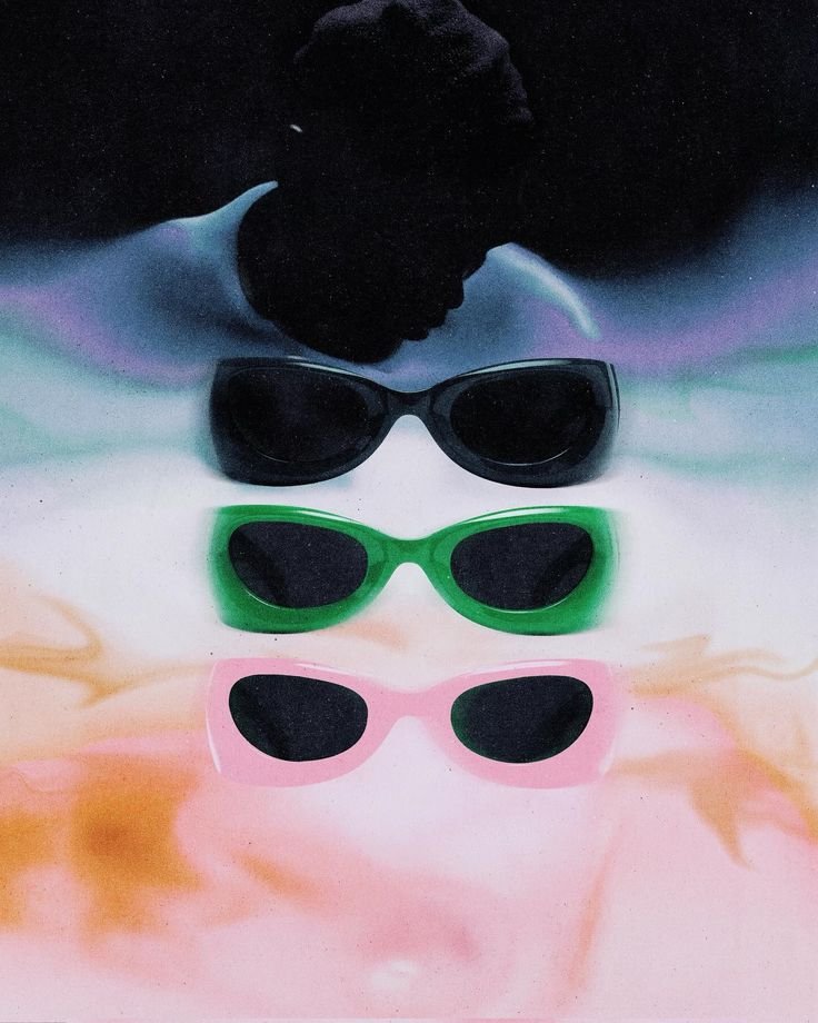 Four pairs of sunglasses, black, green, pink, and black, are arranged in gradient colors from dark to light, with a person's shadowed face and head above them.